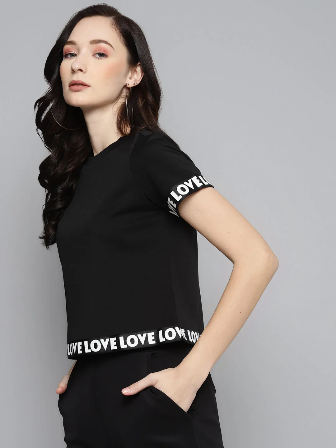 Black Scuba Short Sleeves Love Tape Crop Top