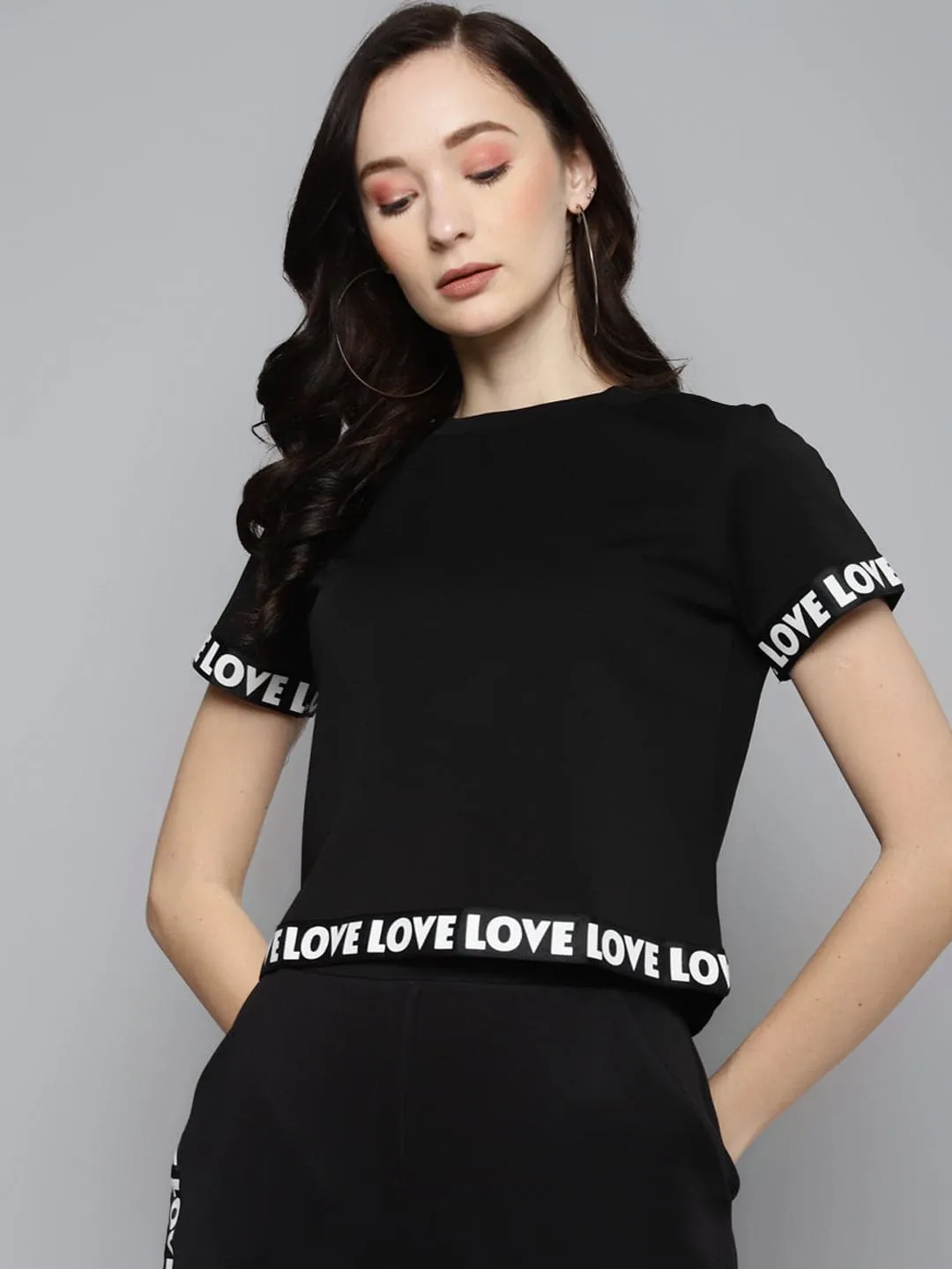 Black Scuba Short Sleeves Love Tape Crop Top