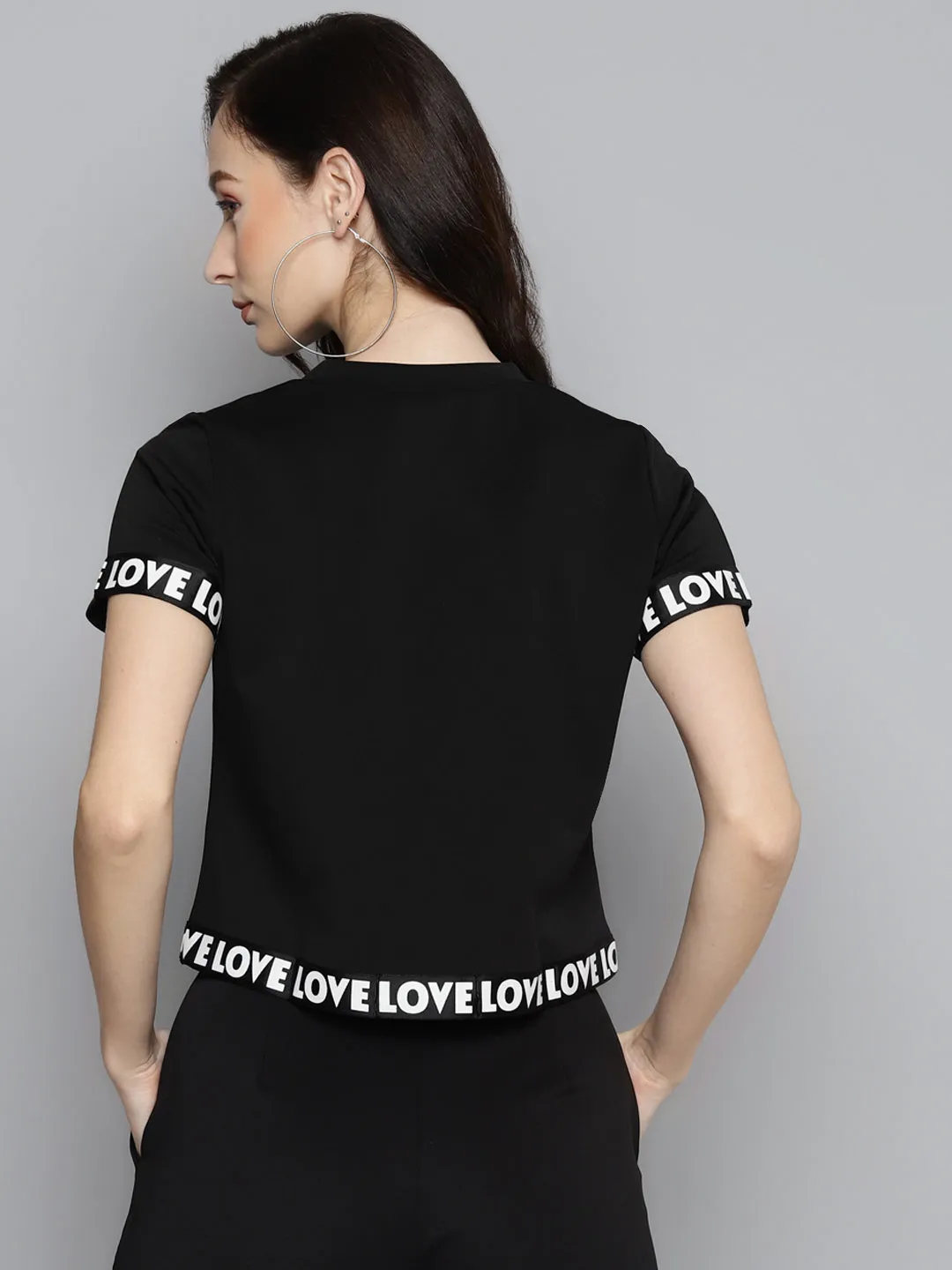 Black Scuba Short Sleeves Love Tape Crop Top