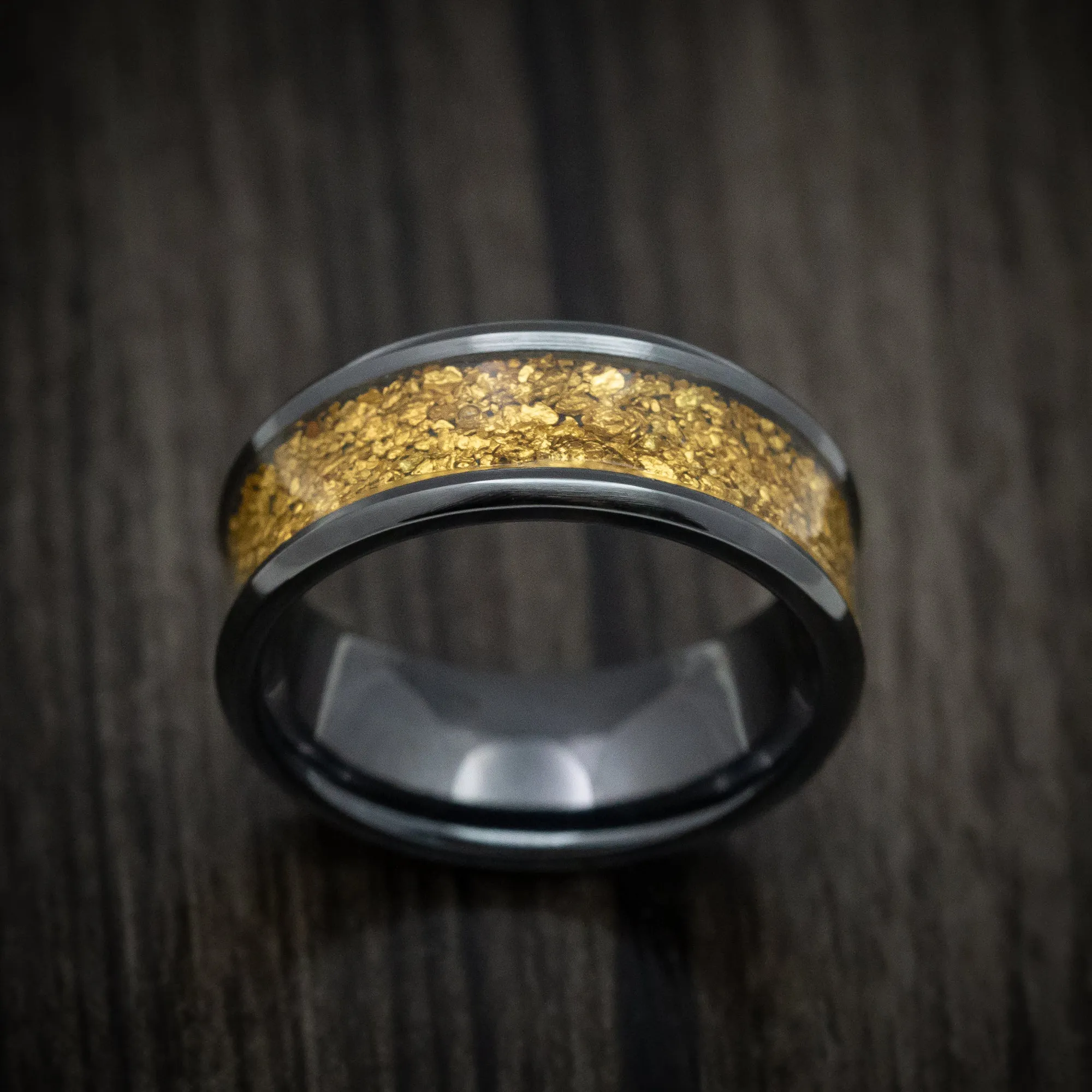 Black Titanium and 24K Raw Gold Nugget Men's Ring Custom Made Band