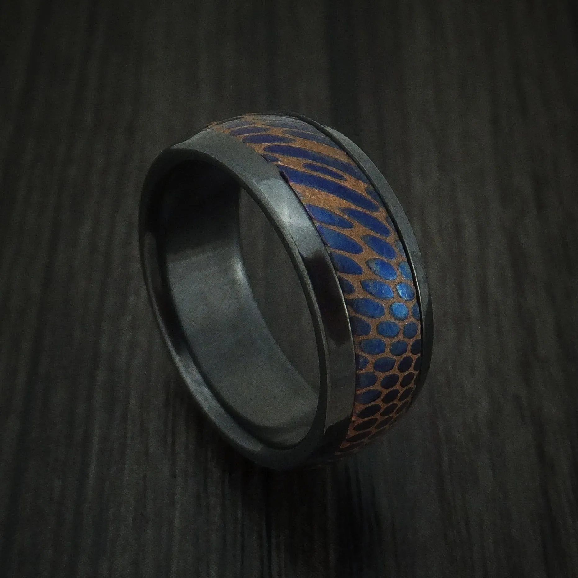 Black Titanium and Anodized Etched Superconductor Men's Ring Custom Made Titanium-Niobium and Copper Band