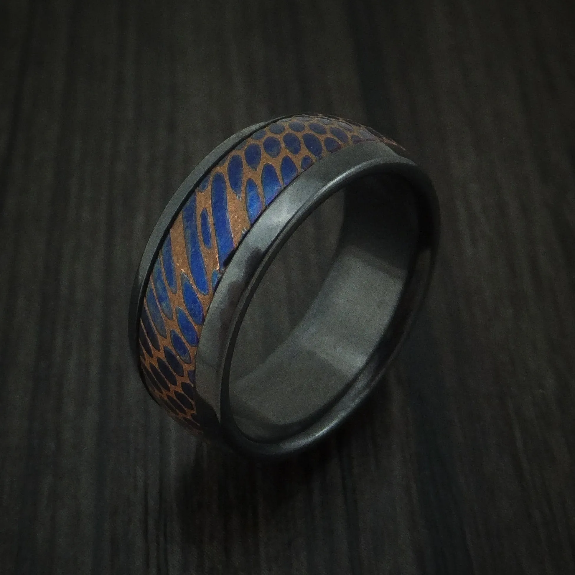 Black Titanium and Anodized Etched Superconductor Men's Ring Custom Made Titanium-Niobium and Copper Band