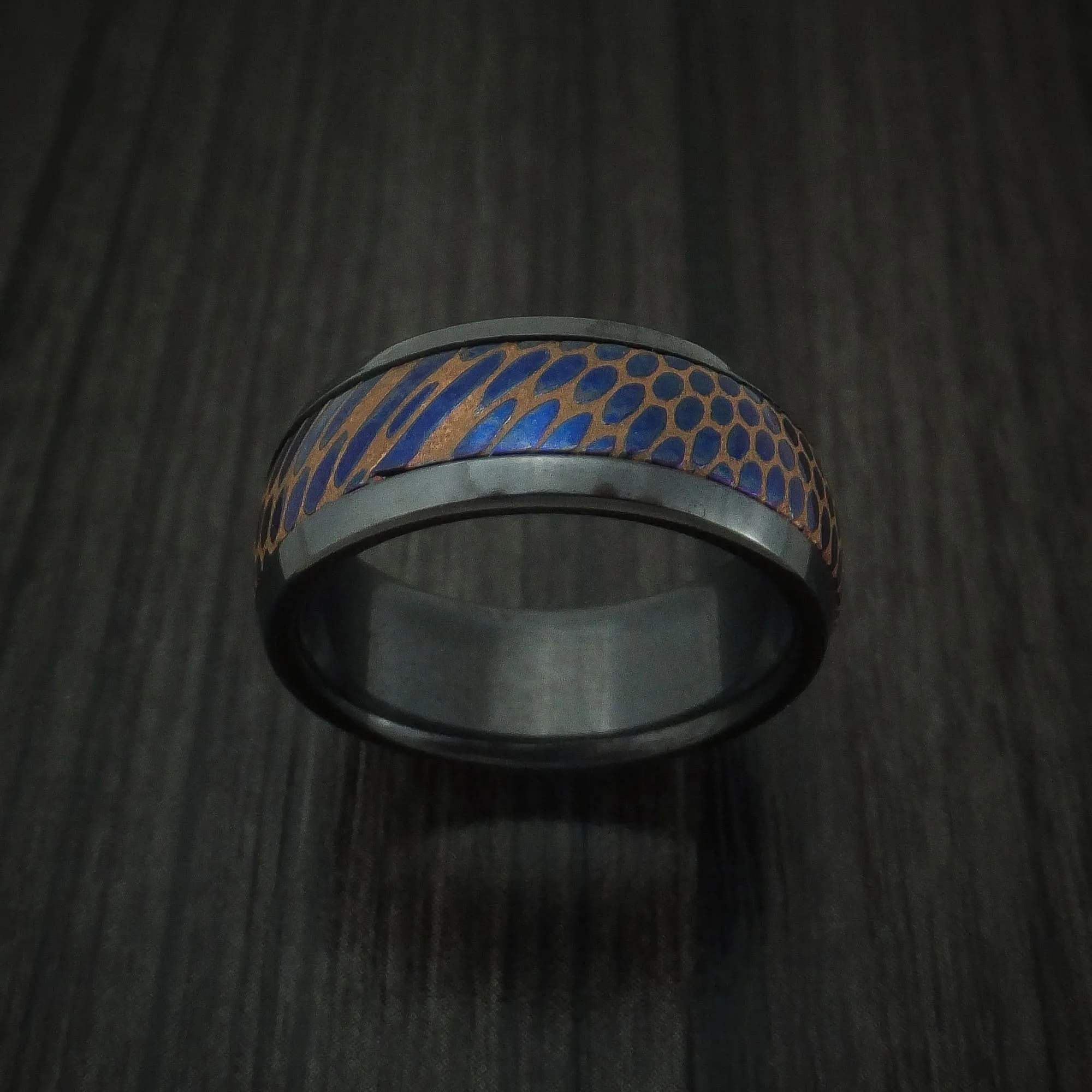 Black Titanium and Anodized Etched Superconductor Men's Ring Custom Made Titanium-Niobium and Copper Band