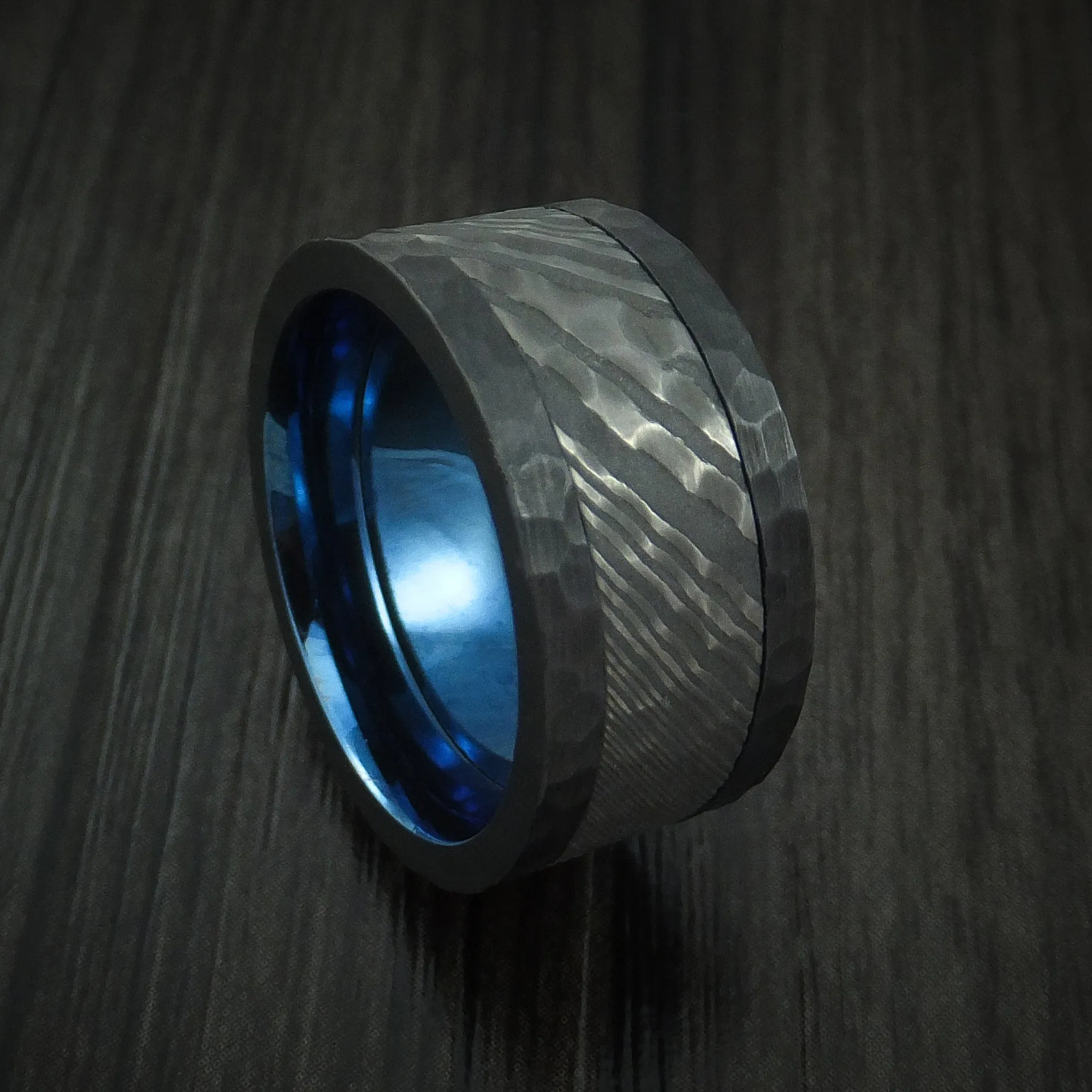 Black Titanium and Damascus Steel Hammered Men's Ring with Anodized Sleeve Custom Made