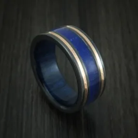 Black Zirconium and Lapis Band with 14K Rose Gold and Blueberry Wood Sleeve Custom Made Men's Ring