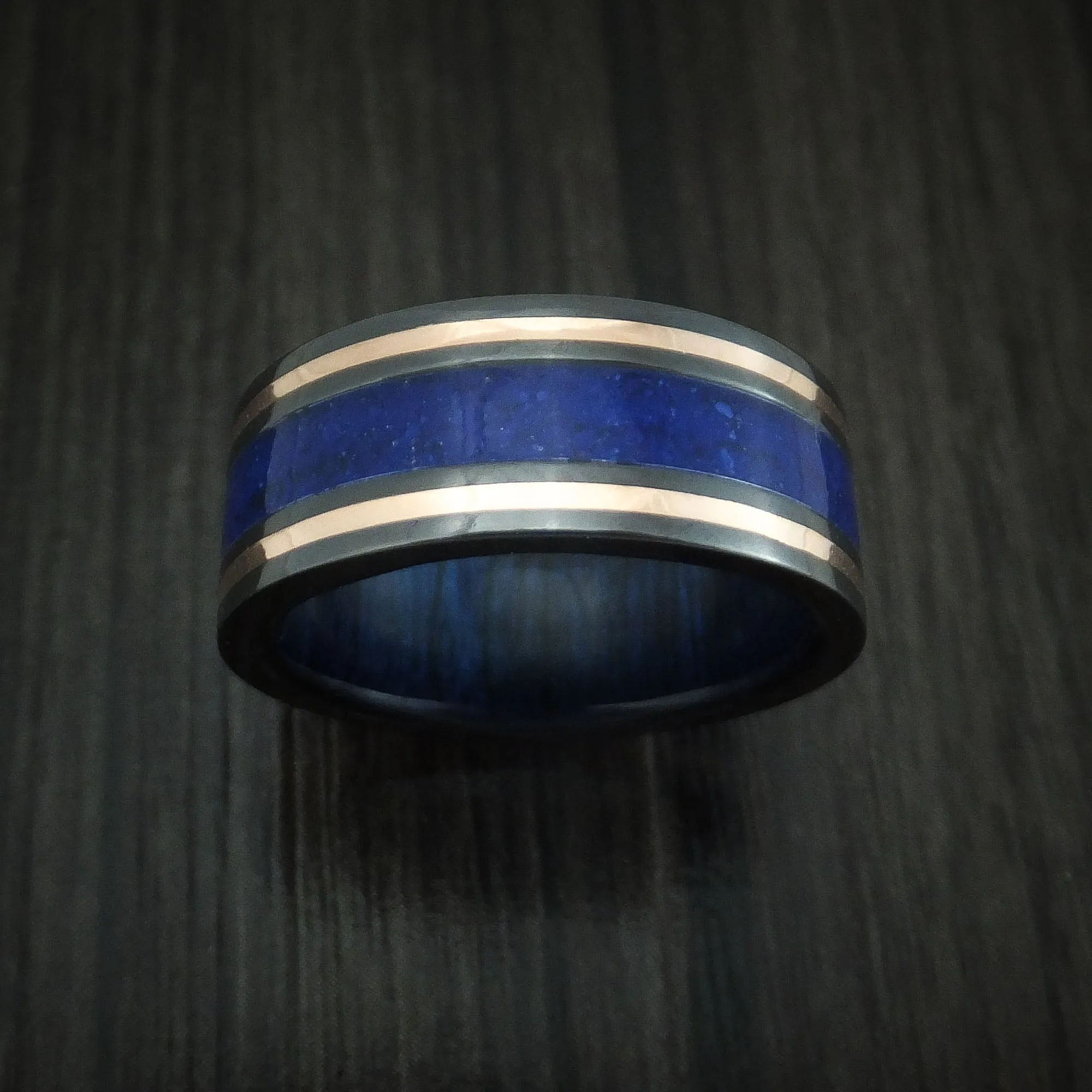 Black Zirconium and Lapis Band with 14K Rose Gold and Blueberry Wood Sleeve Custom Made Men's Ring