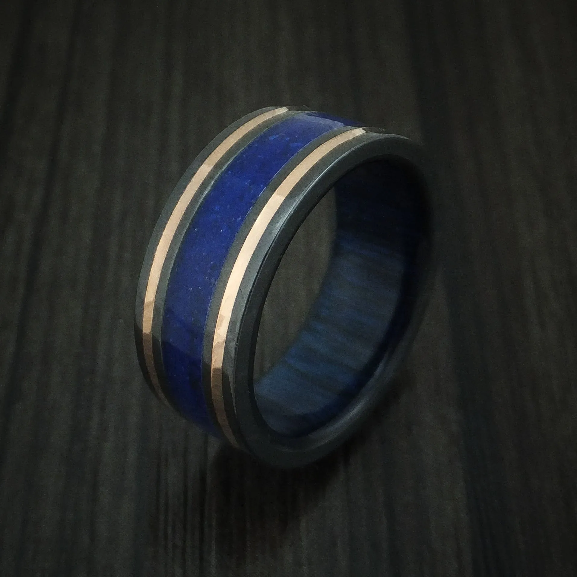 Black Zirconium and Lapis Band with 14K Rose Gold and Blueberry Wood Sleeve Custom Made Men's Ring