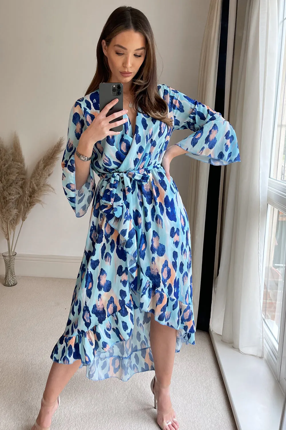 Blue Leopard Print Dip Frill Hem Wrap Belted Dress