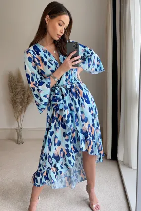 Blue Leopard Print Dip Frill Hem Wrap Belted Dress