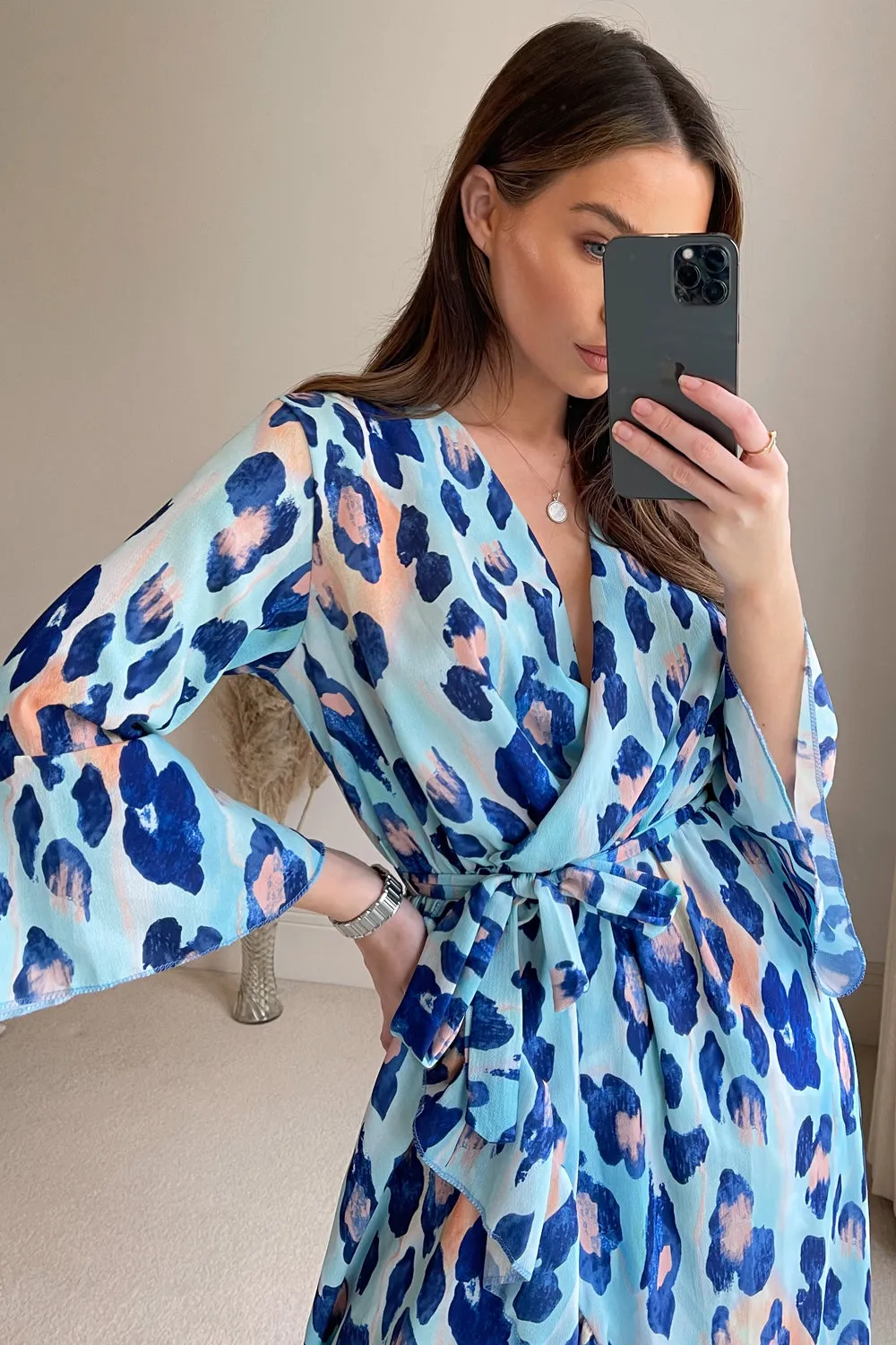 Blue Leopard Print Dip Frill Hem Wrap Belted Dress