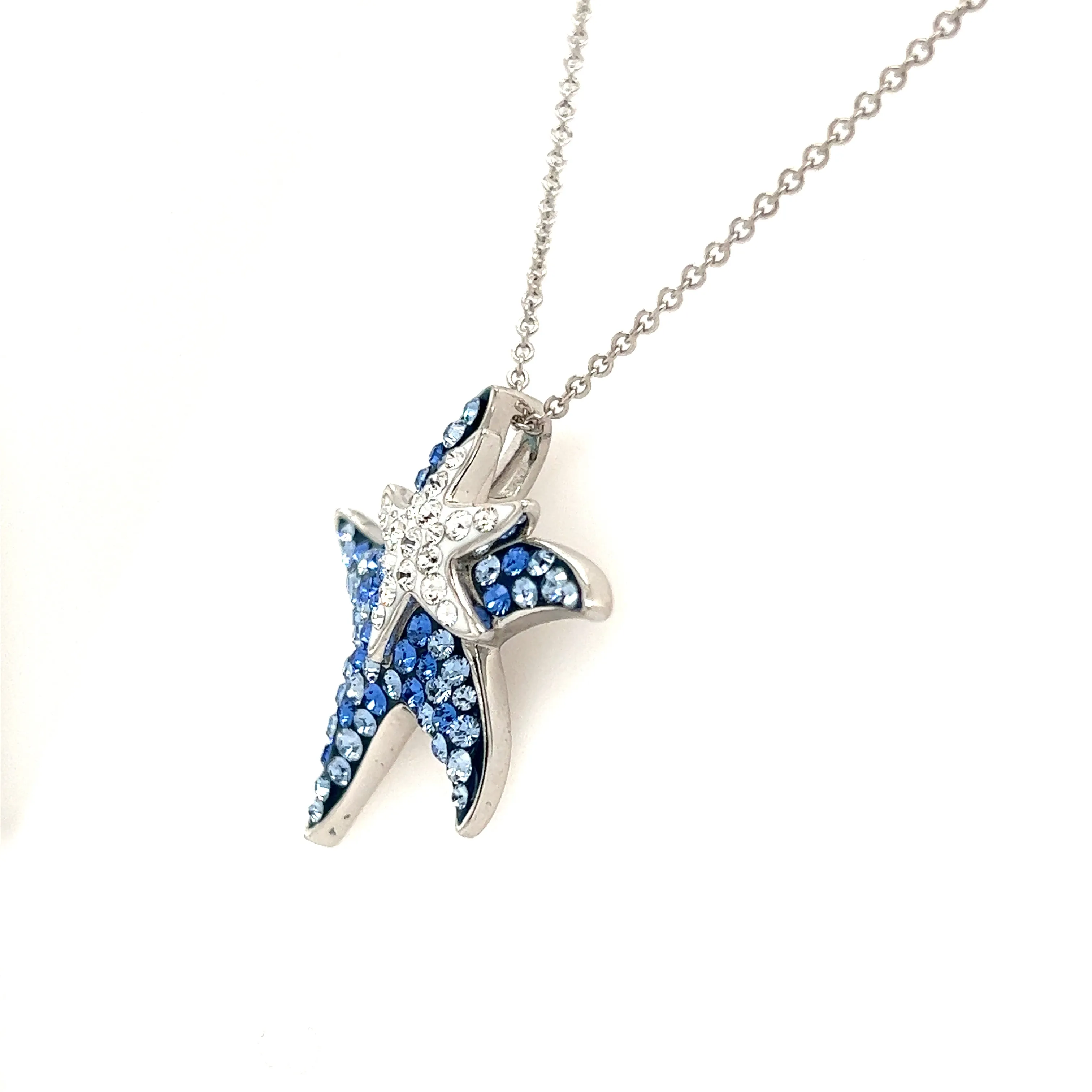 Blue Starfish Necklace with White and Blue Crystals in Sterling Silver