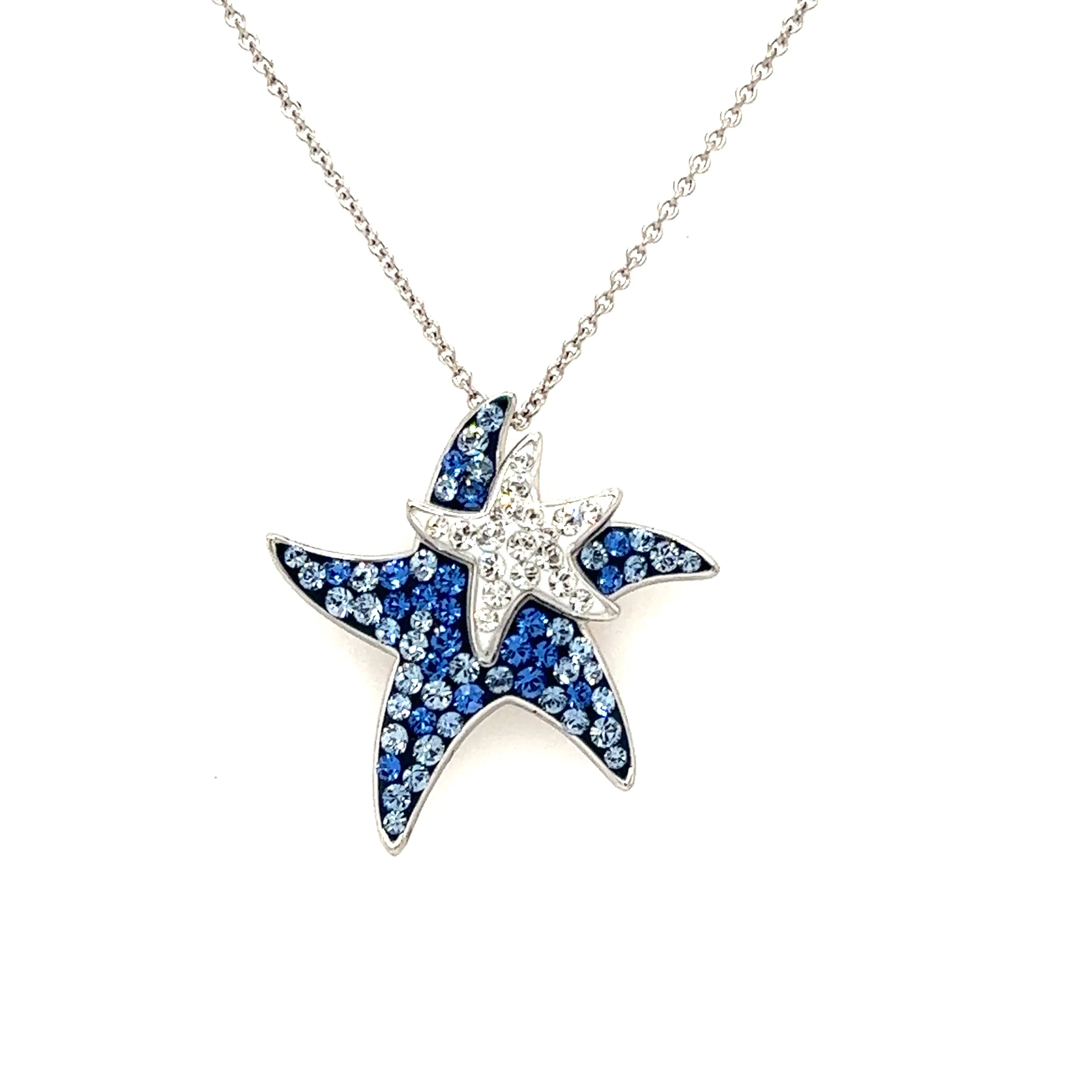 Blue Starfish Necklace with White and Blue Crystals in Sterling Silver