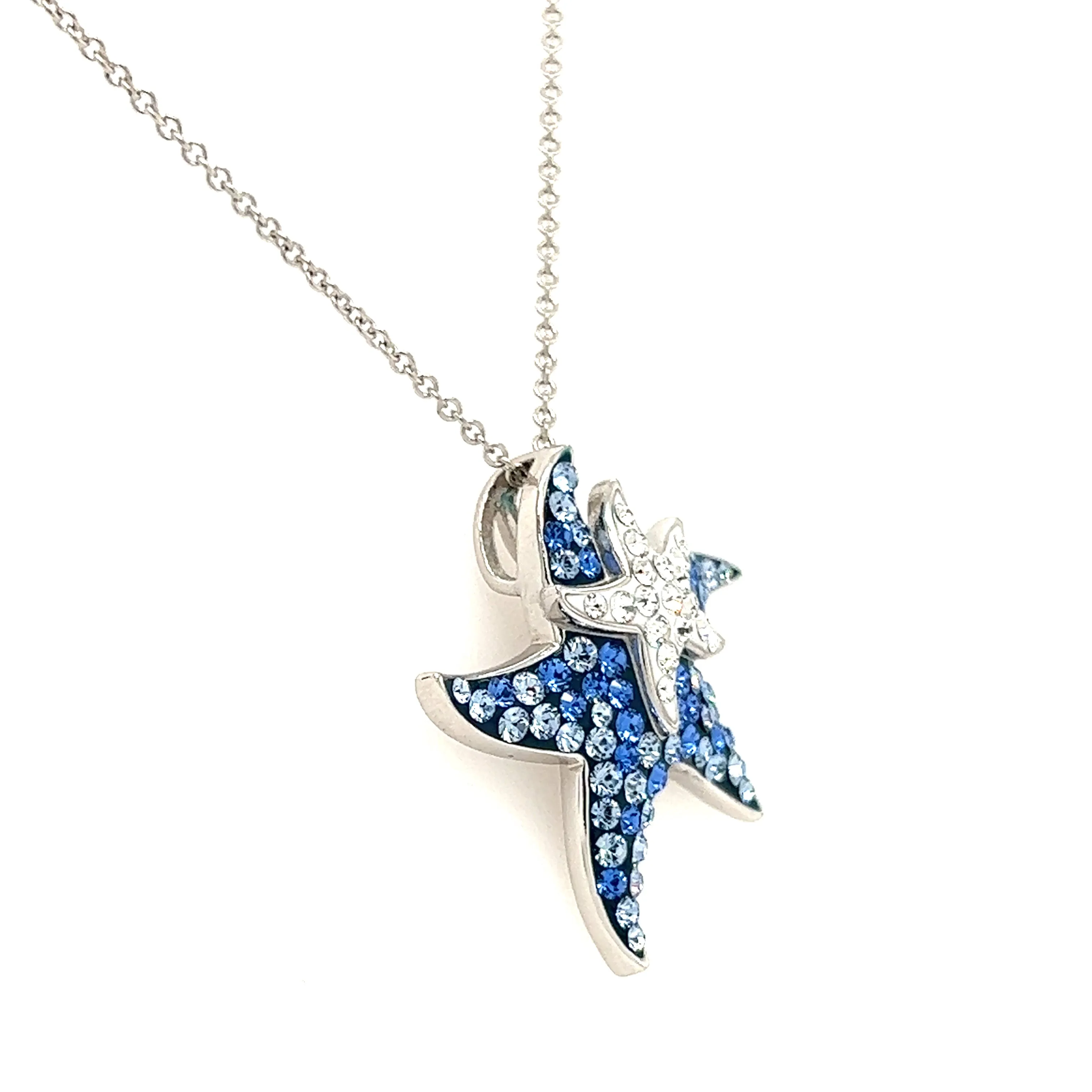 Blue Starfish Necklace with White and Blue Crystals in Sterling Silver