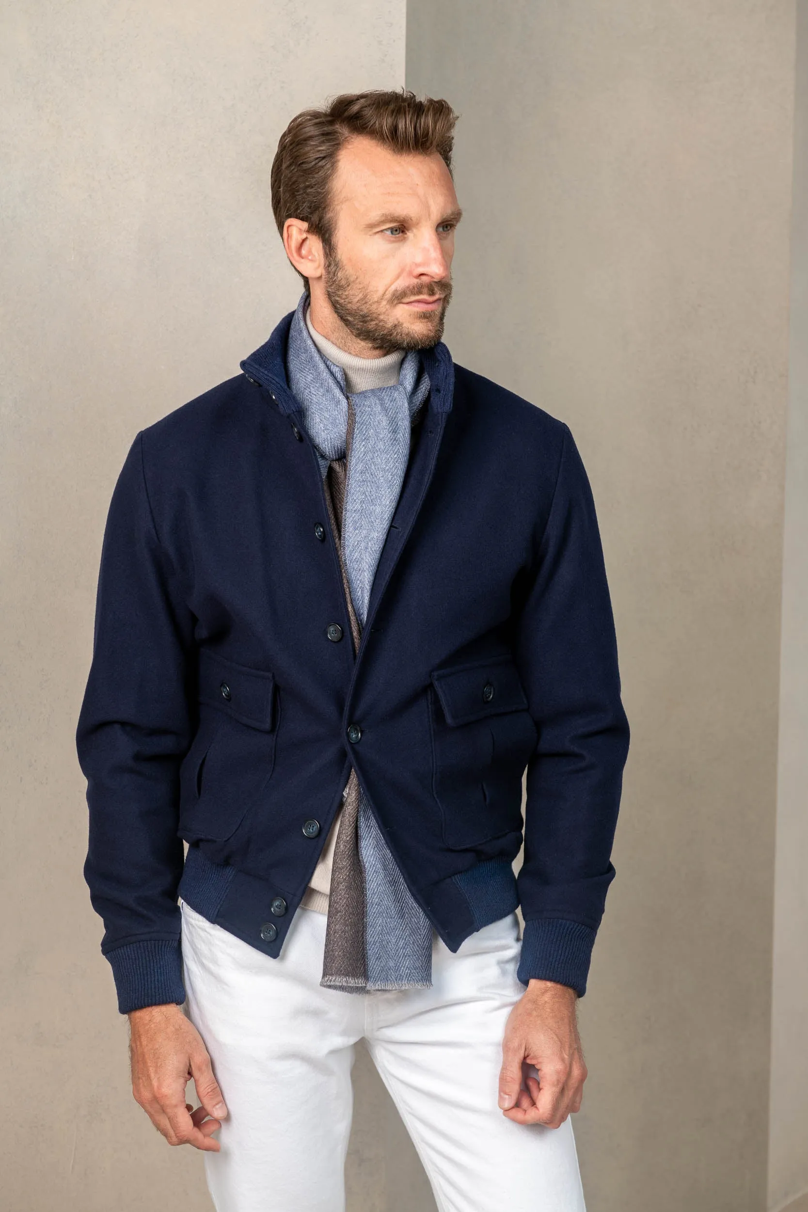 Blue Super 180's wool flannel bomber jacket – Made in Italy