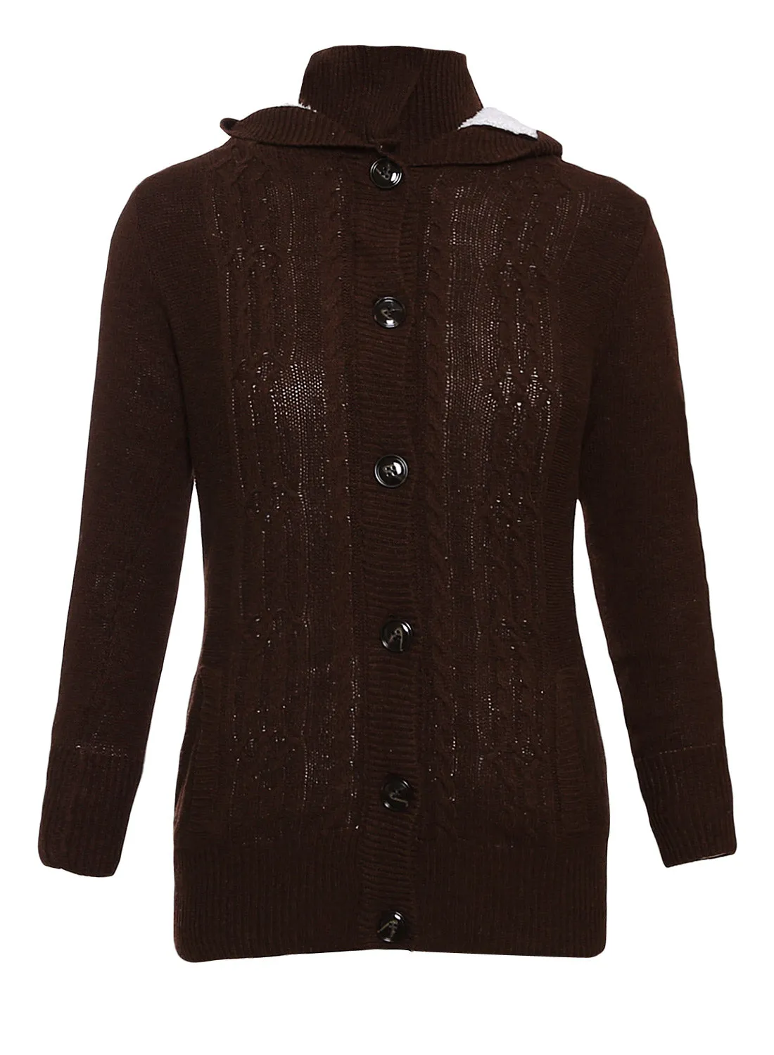 Brown Long Sleeve Button-up Hooded Knit Cardigans