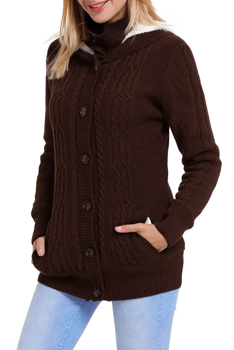 Brown Long Sleeve Button-up Hooded Knit Cardigans