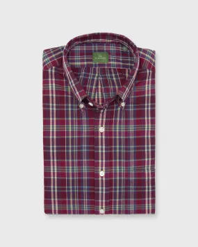 Button-Down Sport Shirt in Berry/Sage/Straw Plaid Madras