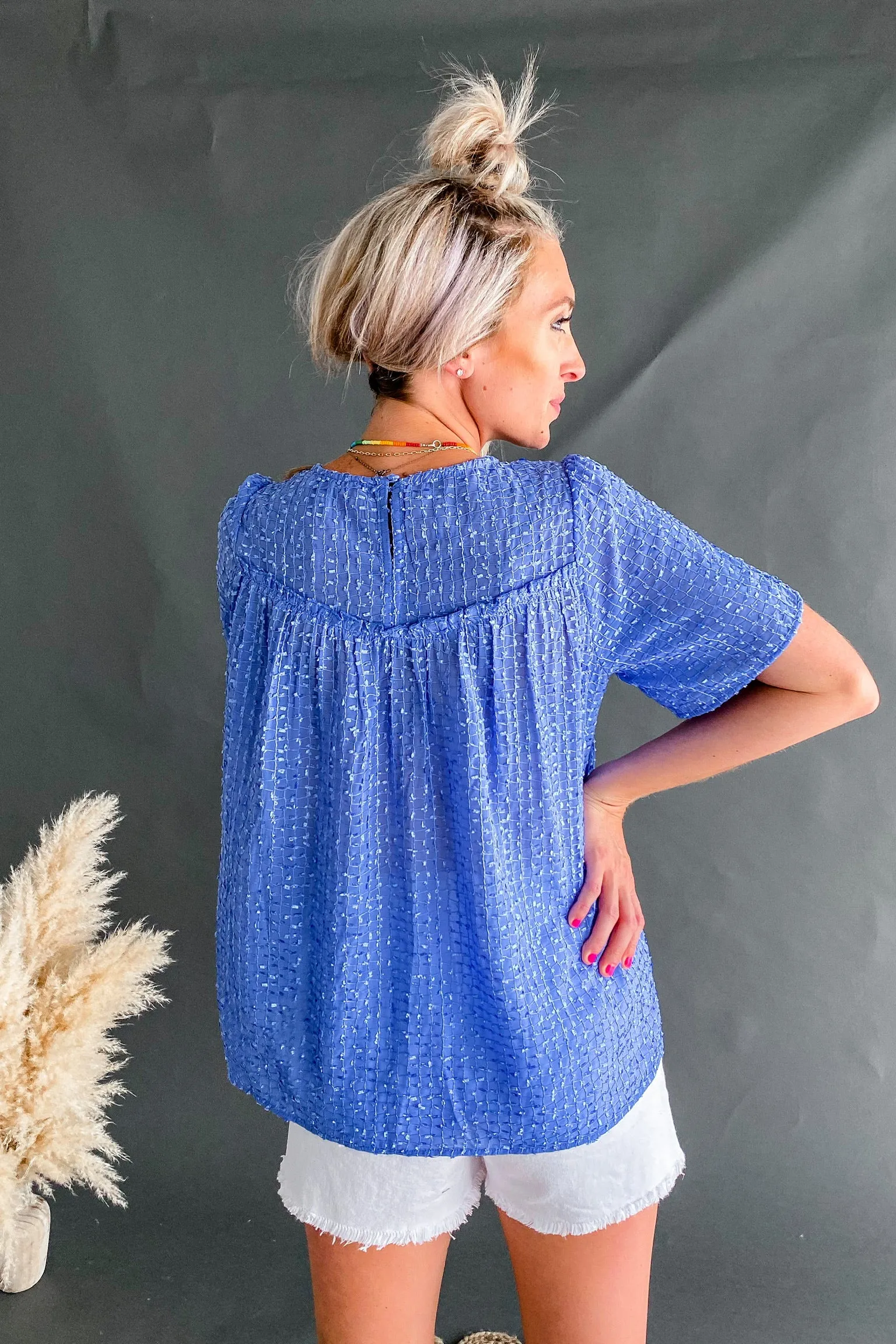 Carol Cool Blue Textured Ruffle Top