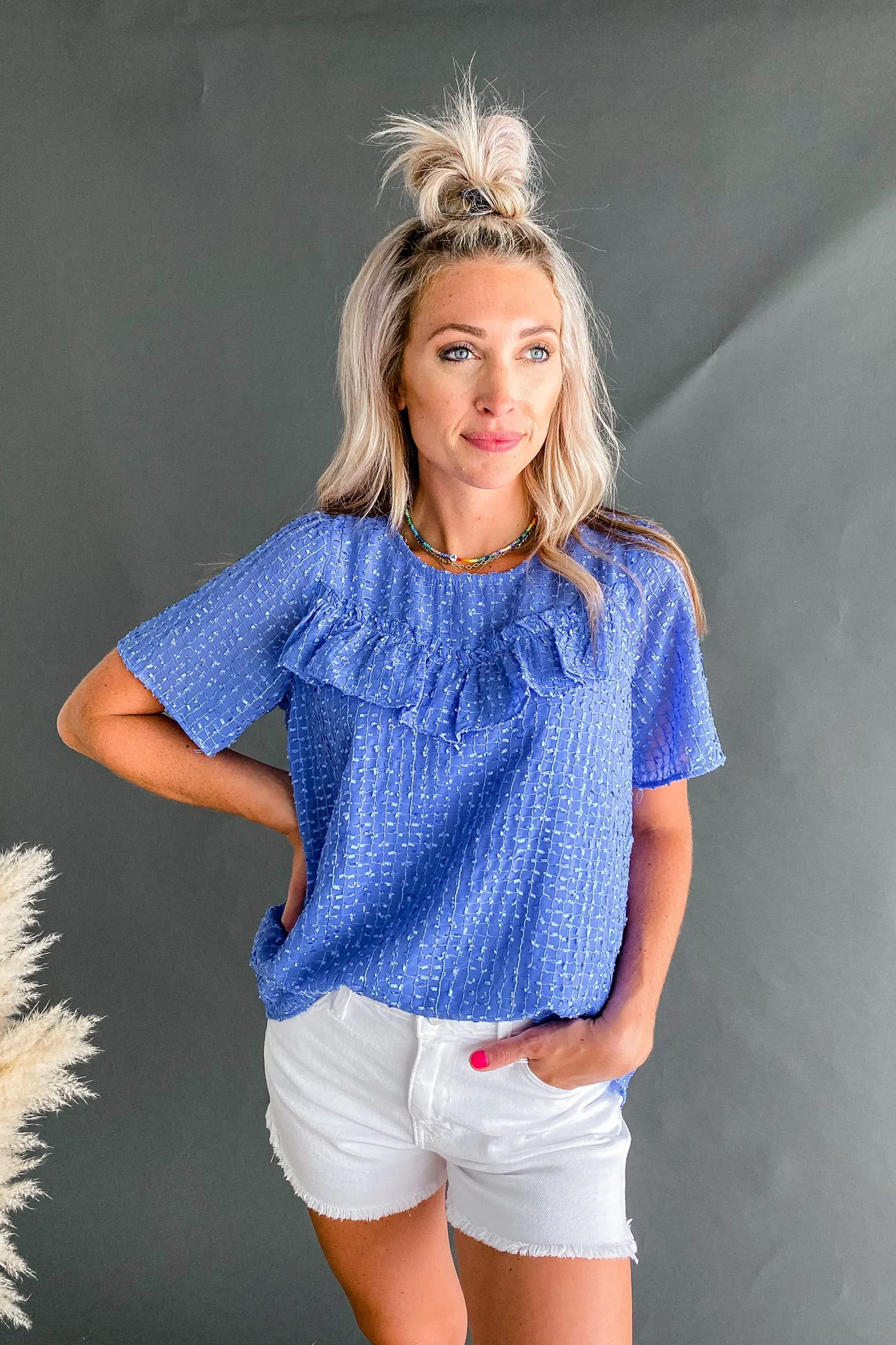 Carol Cool Blue Textured Ruffle Top