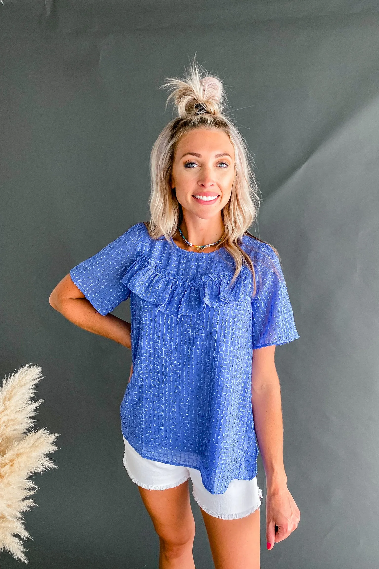 Carol Cool Blue Textured Ruffle Top