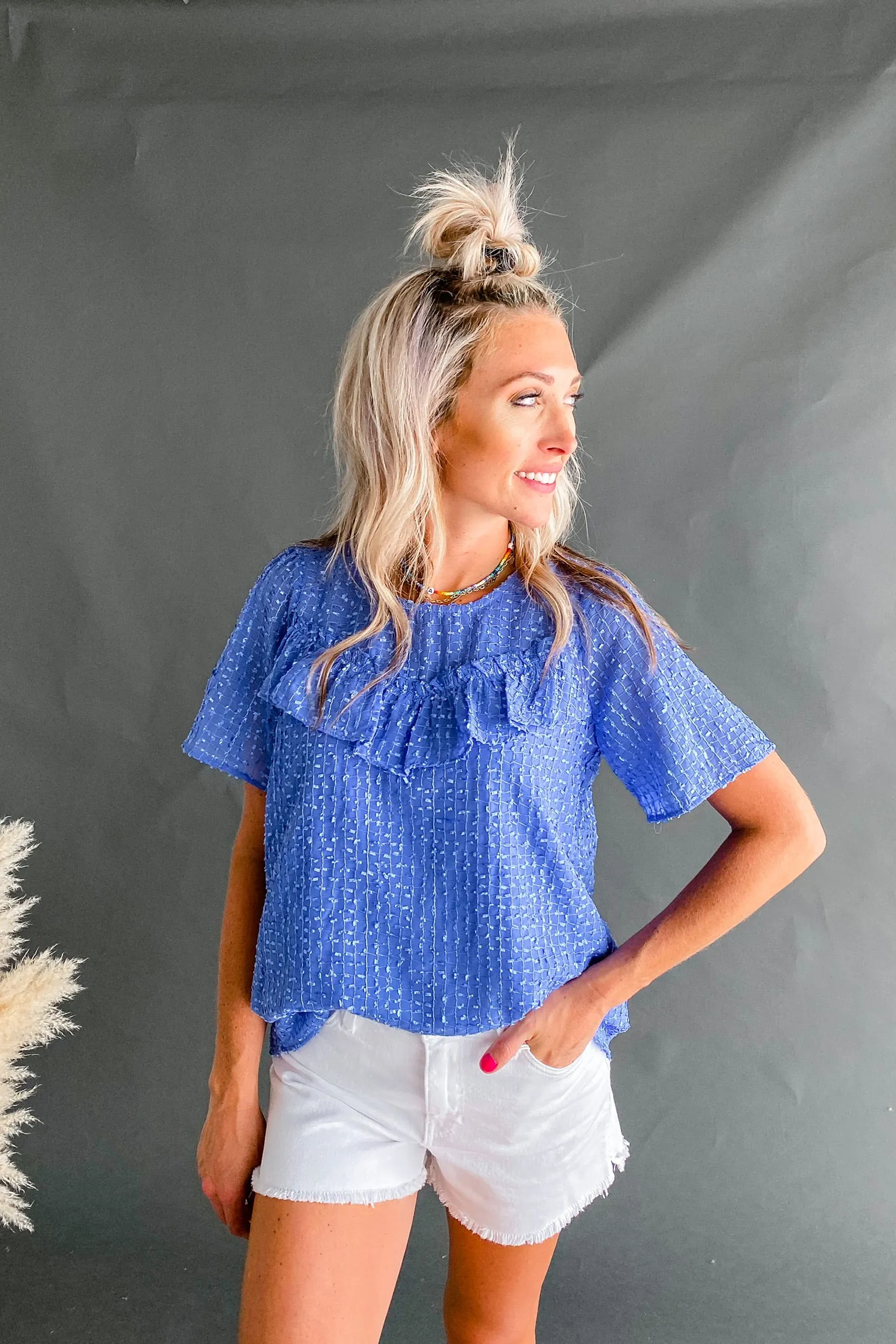 Carol Cool Blue Textured Ruffle Top