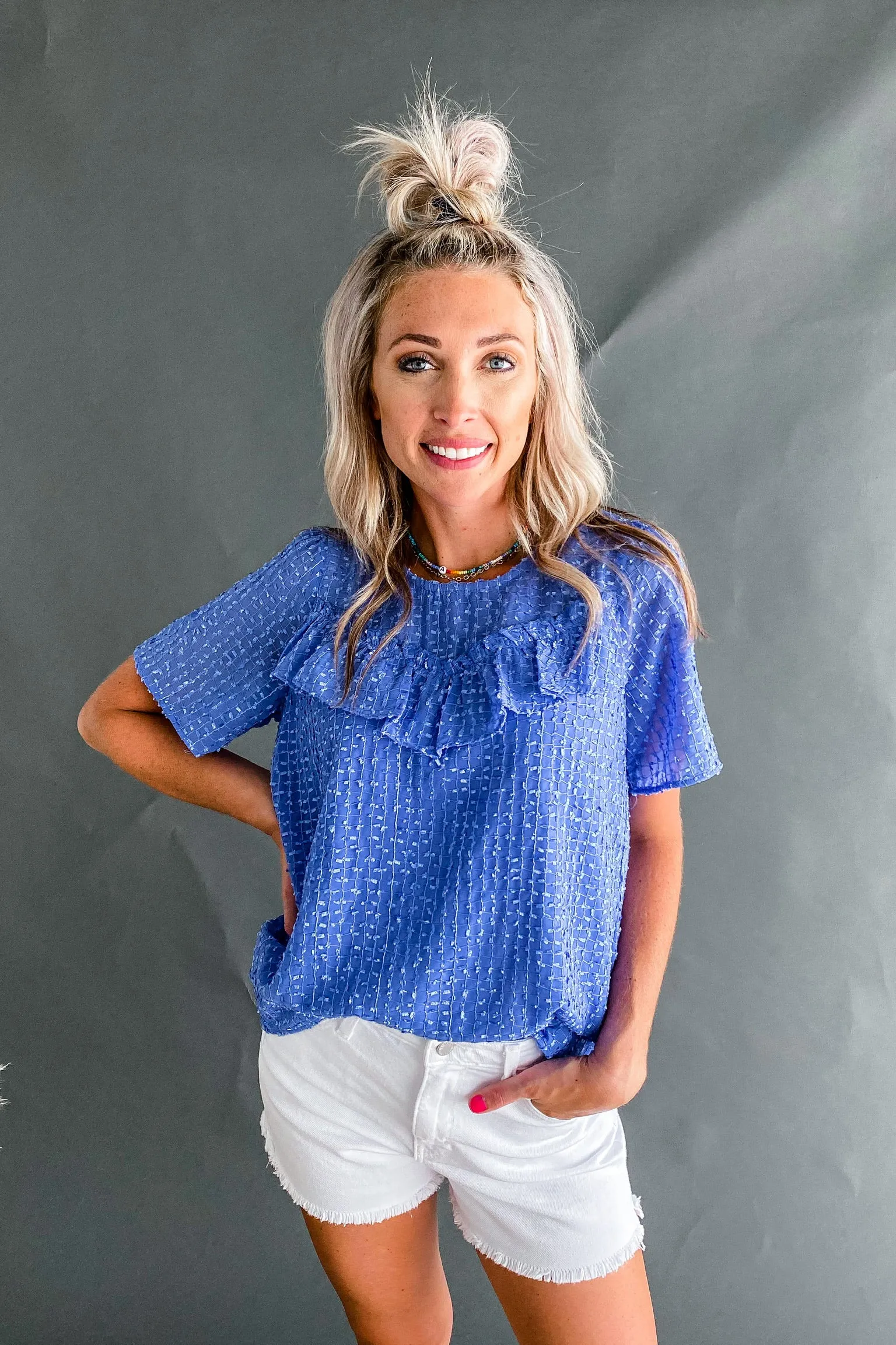 Carol Cool Blue Textured Ruffle Top