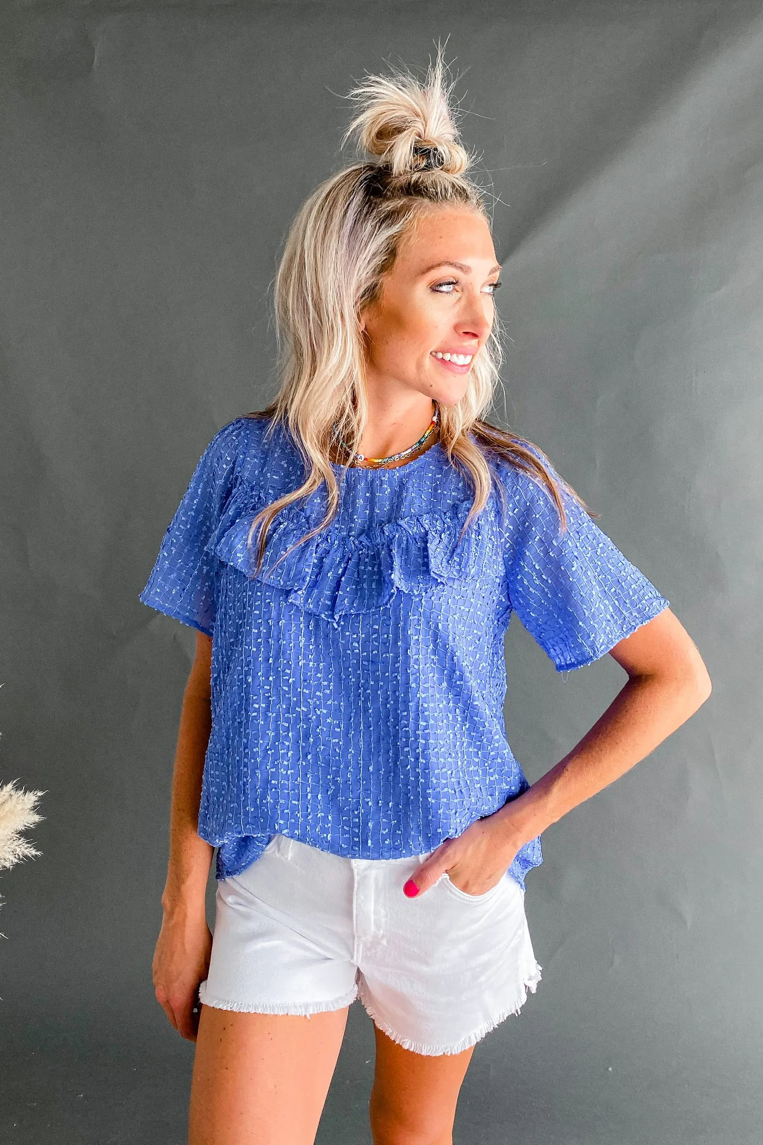 Carol Cool Blue Textured Ruffle Top