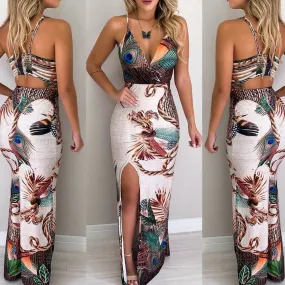 Casual Summer Beach Long Sundress Floral  Women Sexy Sleeveless Bodycon Dress also for Evening Party