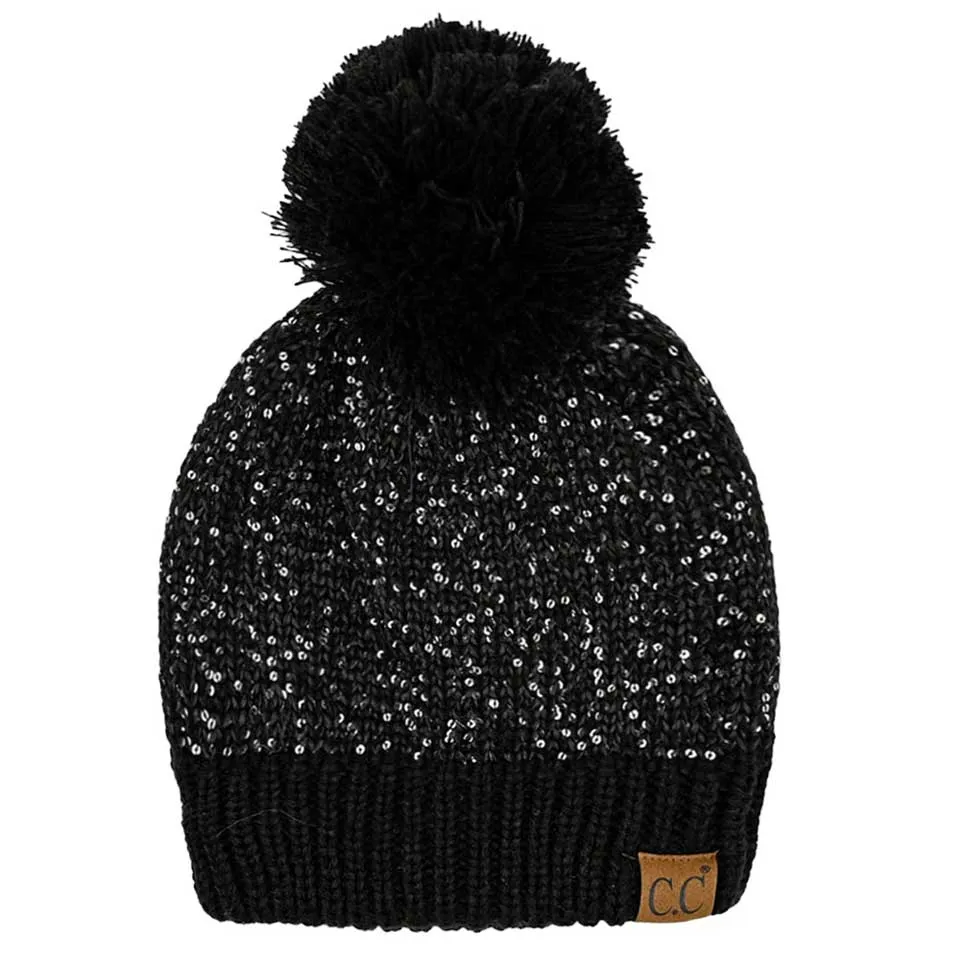 C.C Sequin Cuff Pom Pom Beanie Hat