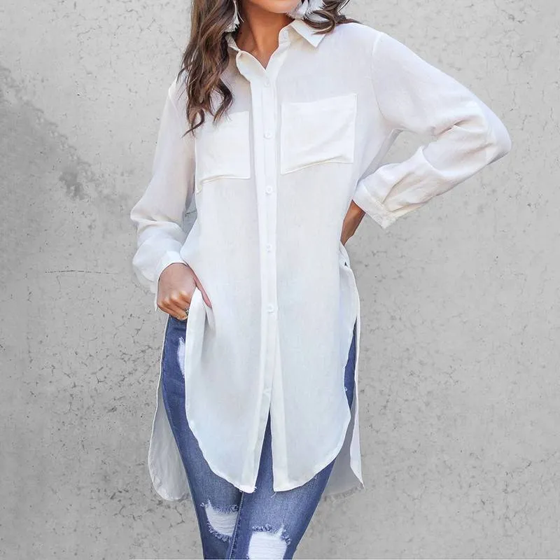 Celmia Women White Shirts 2022 Summer Lapel Asymmetrical Split Long Tunic Tops Casual Oversize Blouses Elegant Office Blusas