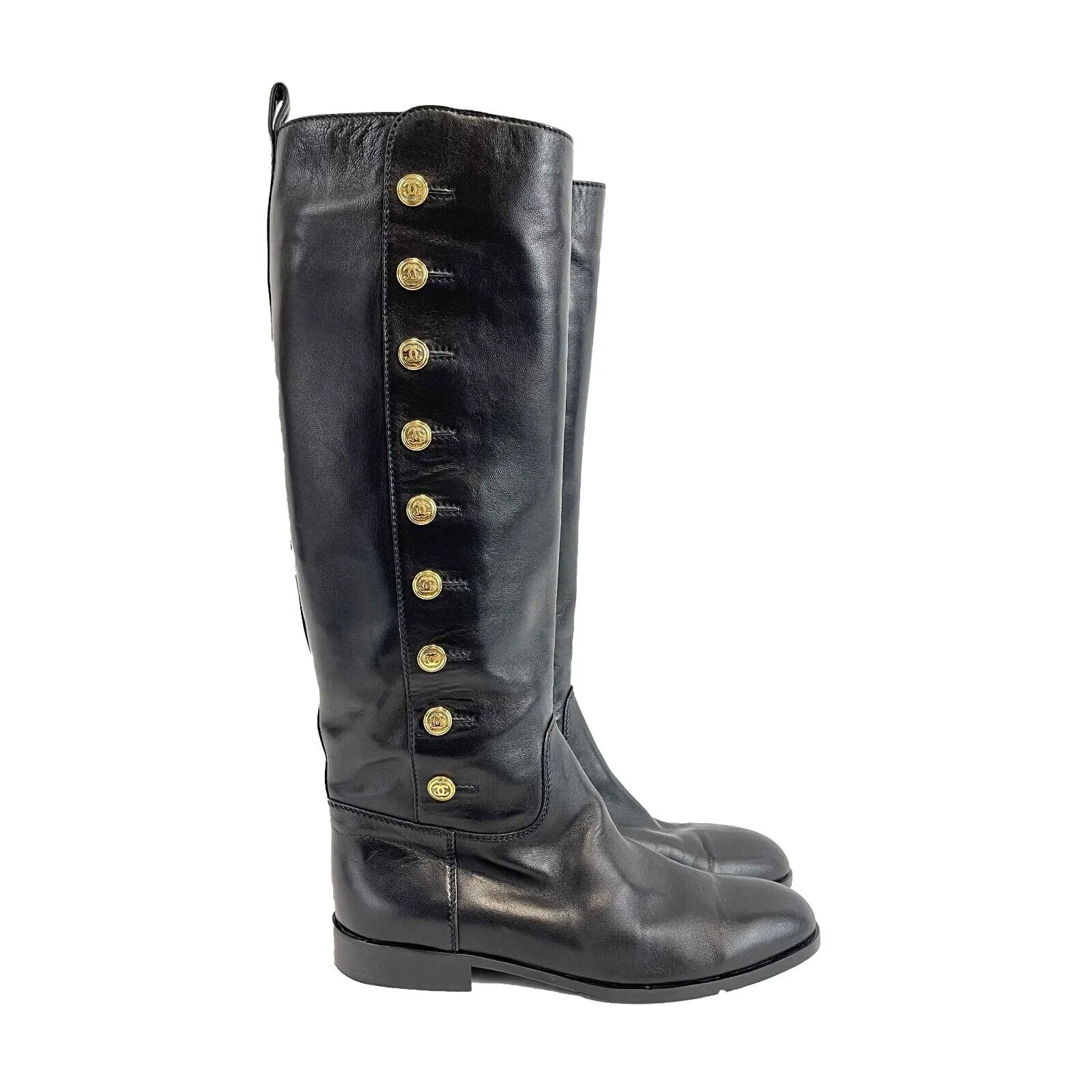 CHANEL - VINTAGE 9 CC Gold Buttons Black and Gold Leather Boots - 37 US 6.5