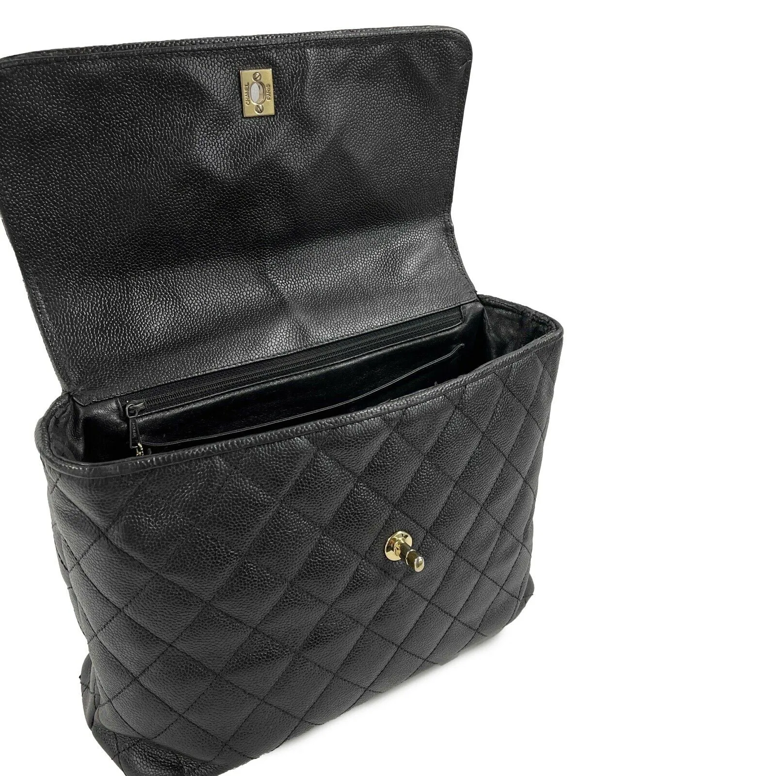 CHANEL - Vintage Large Quilted CC Caviar Kelly Flap Bag - Top Handle