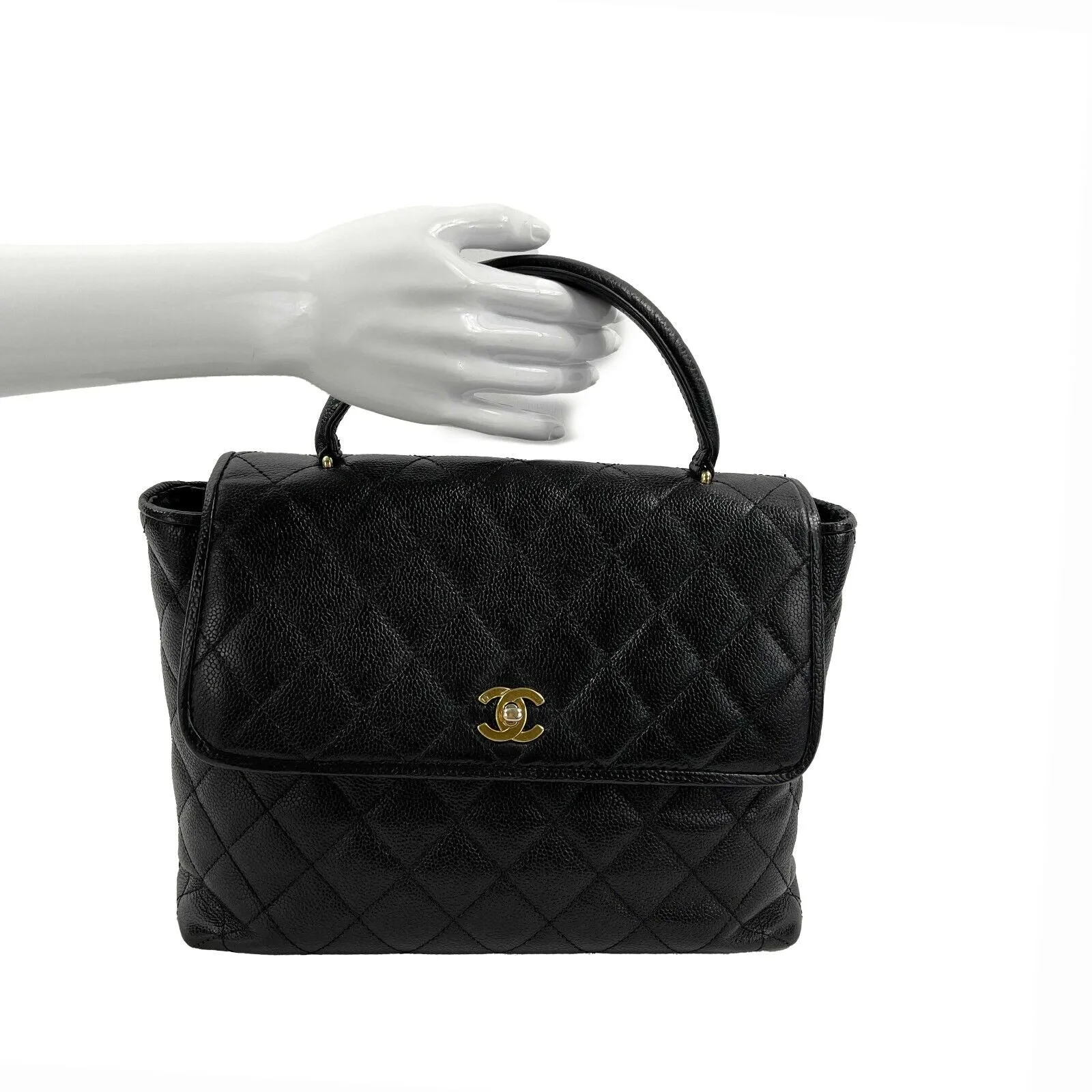 CHANEL - Vintage Large Quilted CC Caviar Kelly Flap Bag - Top Handle