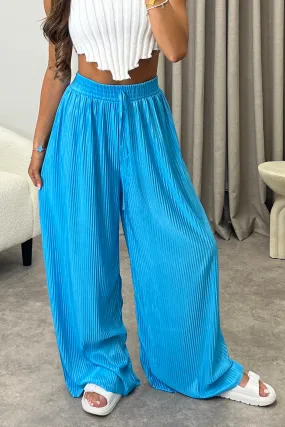 Chrissy Blue Plisse High Waisted Wide Leg Satin Trousers