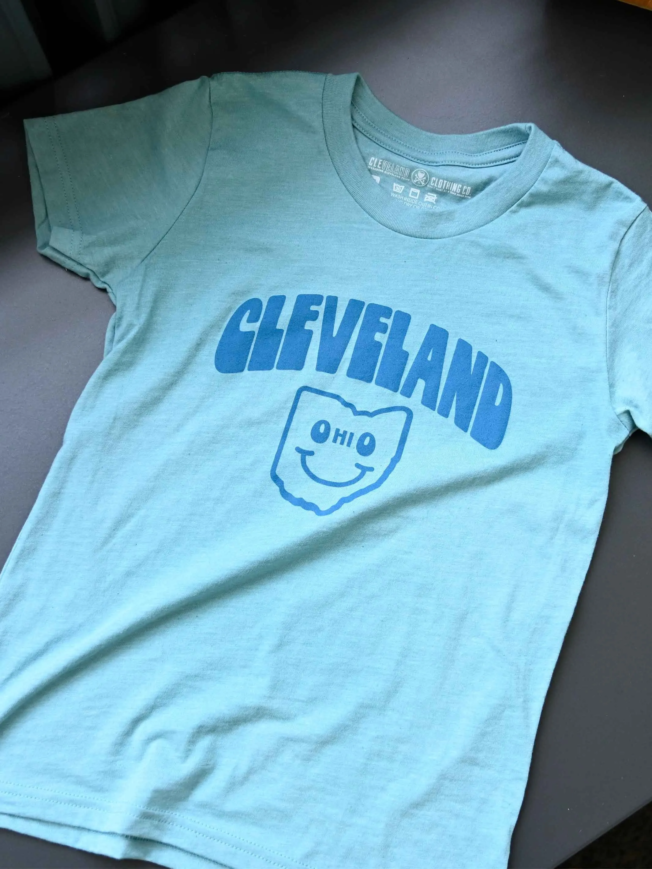 Cleveland Happy Face, Heather Blue Lagoon Youth T-Shirt