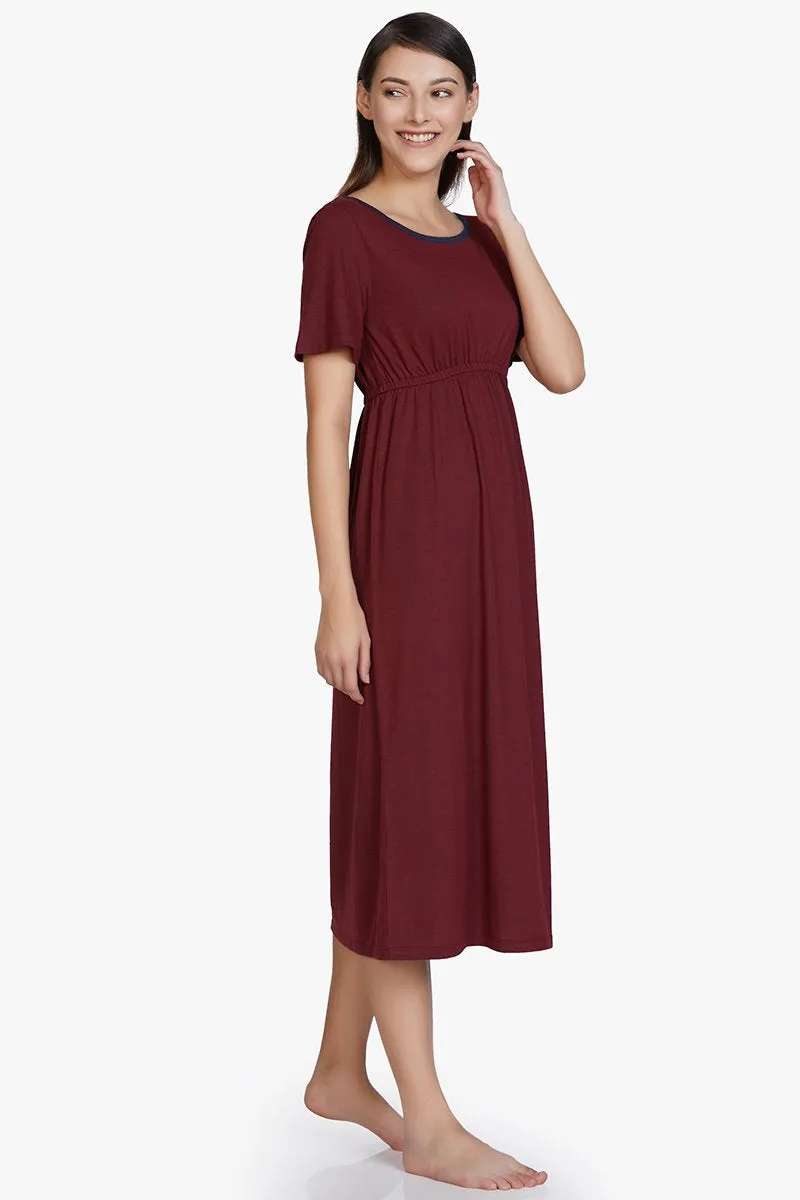 Cotton Blend Chemise Dress - Maroon