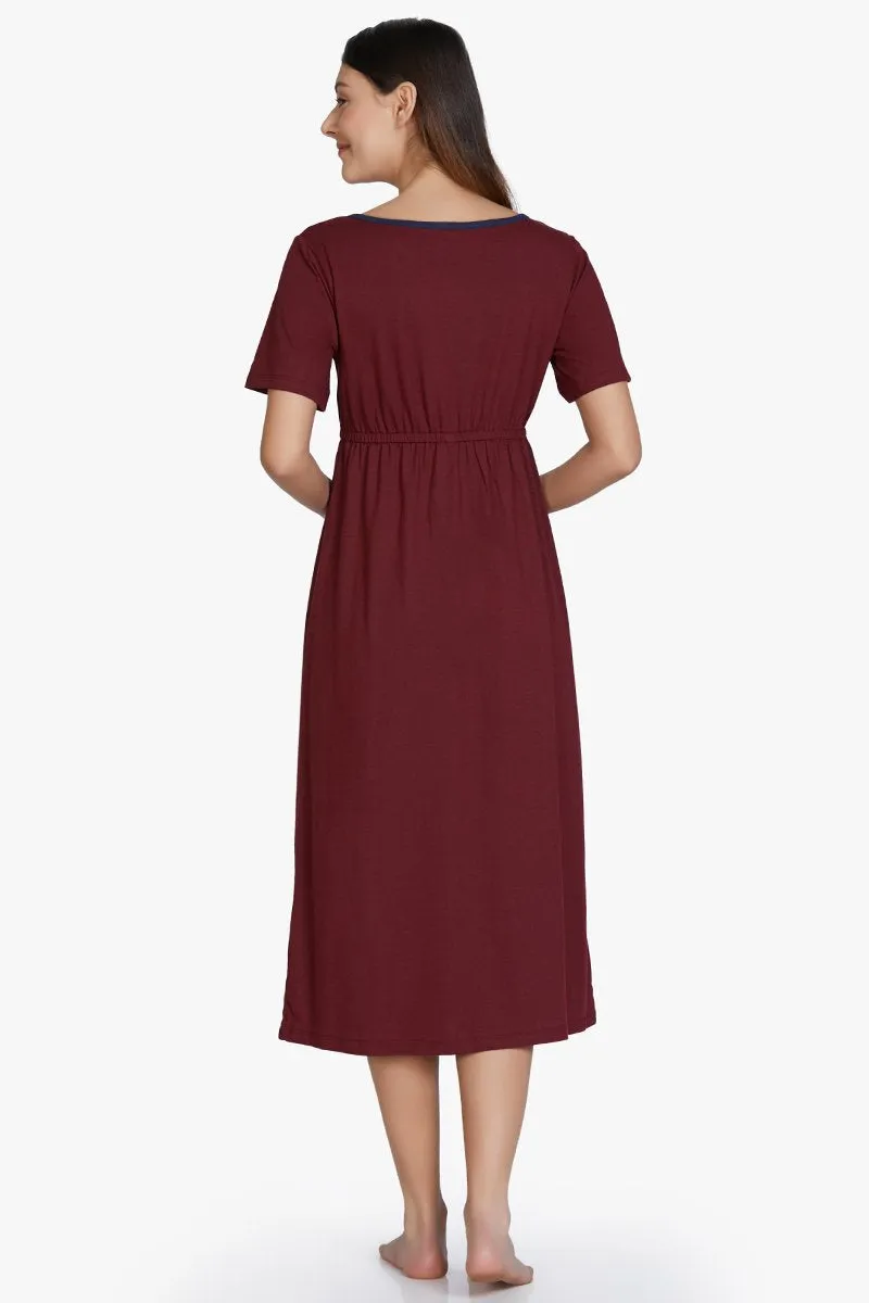 Cotton Blend Chemise Dress - Maroon