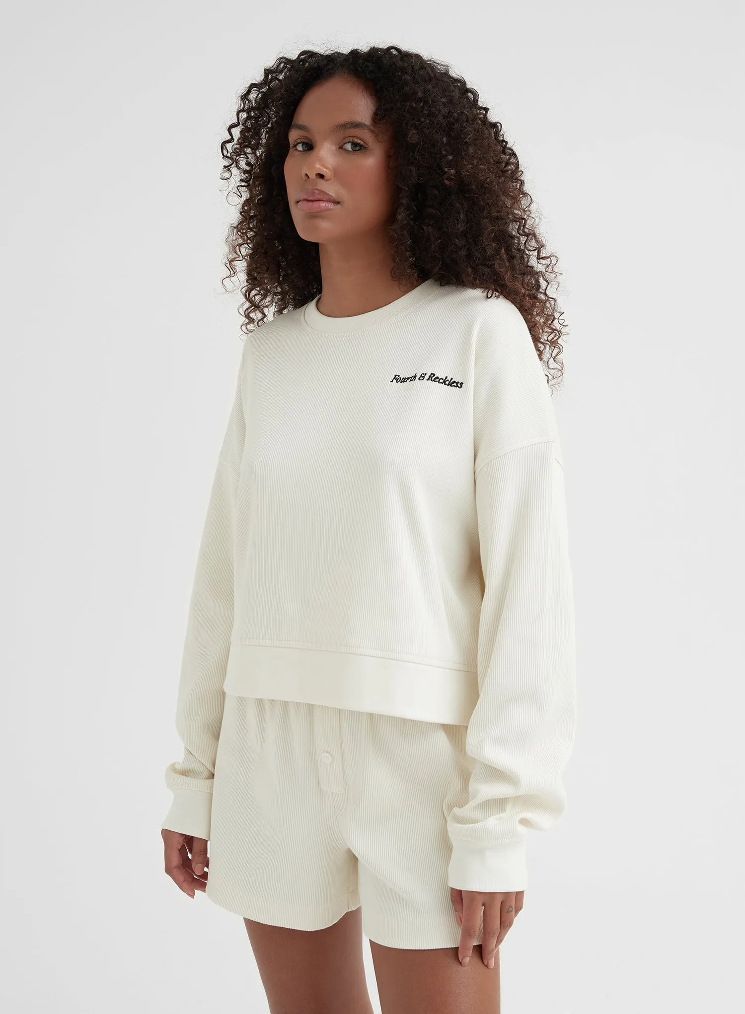 Cream Ribbed Jersey Cropped Sweatshirt - Jaz