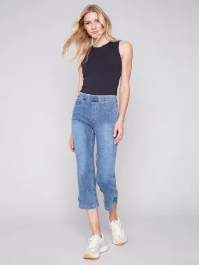 Cropped Pull-On Jeans with Hem Tab - Medium Blue