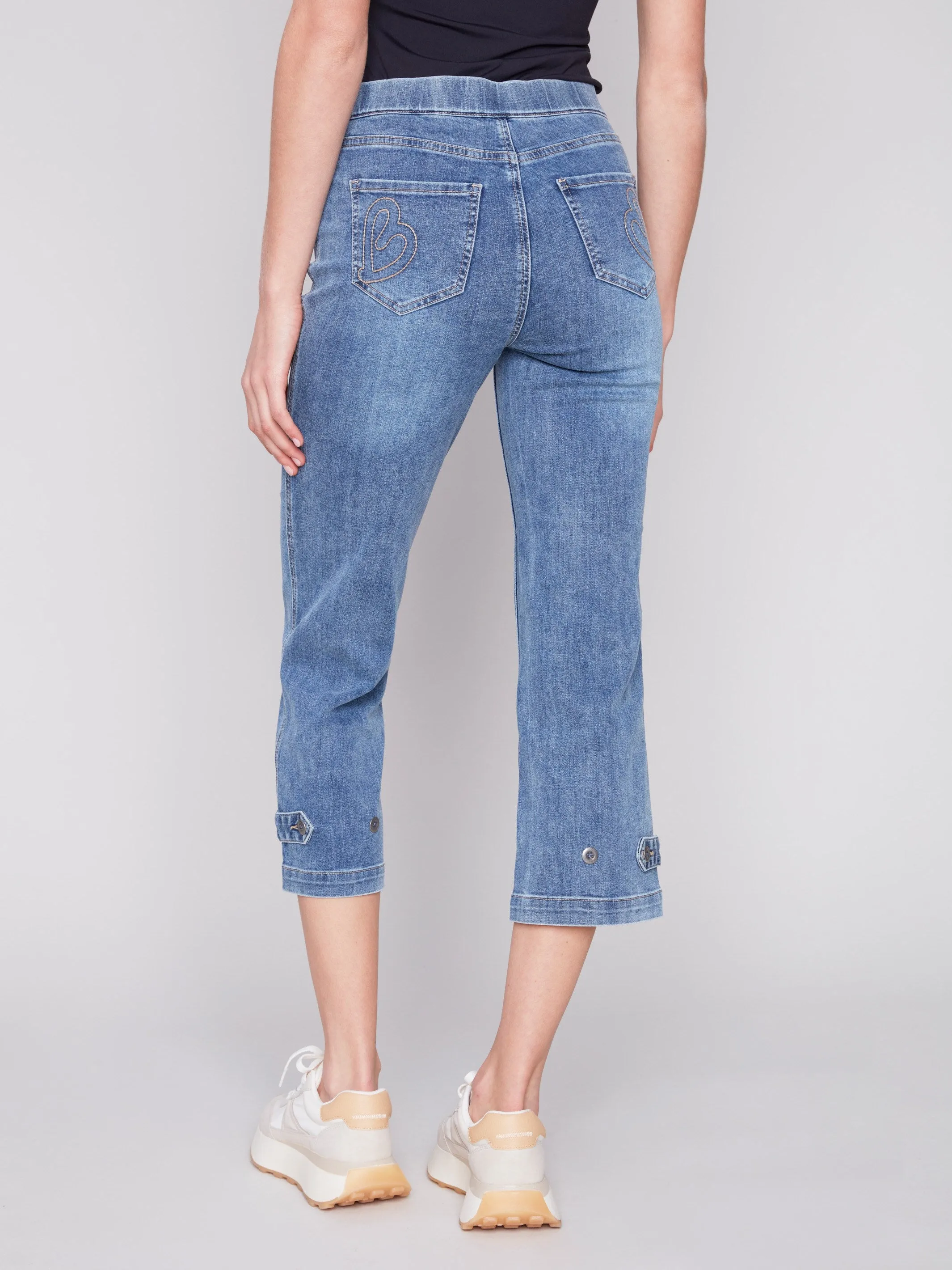 Cropped Pull-On Jeans with Hem Tab - Medium Blue