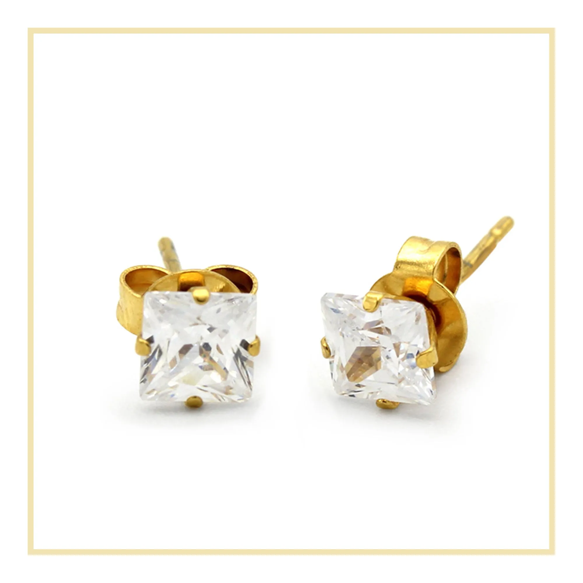 Cubic Zirconia Square 14K Gold Filled Stud Earrings Stainless Steel Ear Piercing Jewelry Men Women