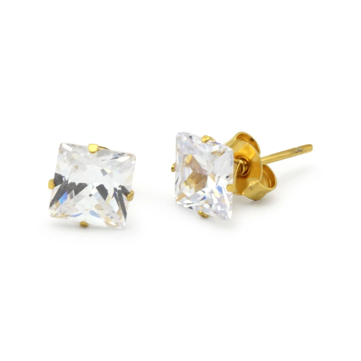 Cubic Zirconia Square 14K Gold Filled Stud Earrings Stainless Steel Ear Piercing Jewelry Men Women