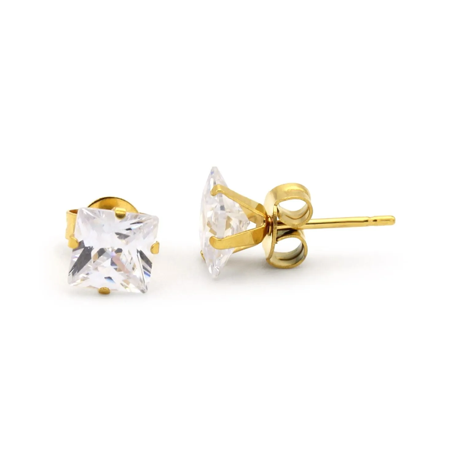 Cubic Zirconia Square 14K Gold Filled Stud Earrings Stainless Steel Ear Piercing Jewelry Men Women