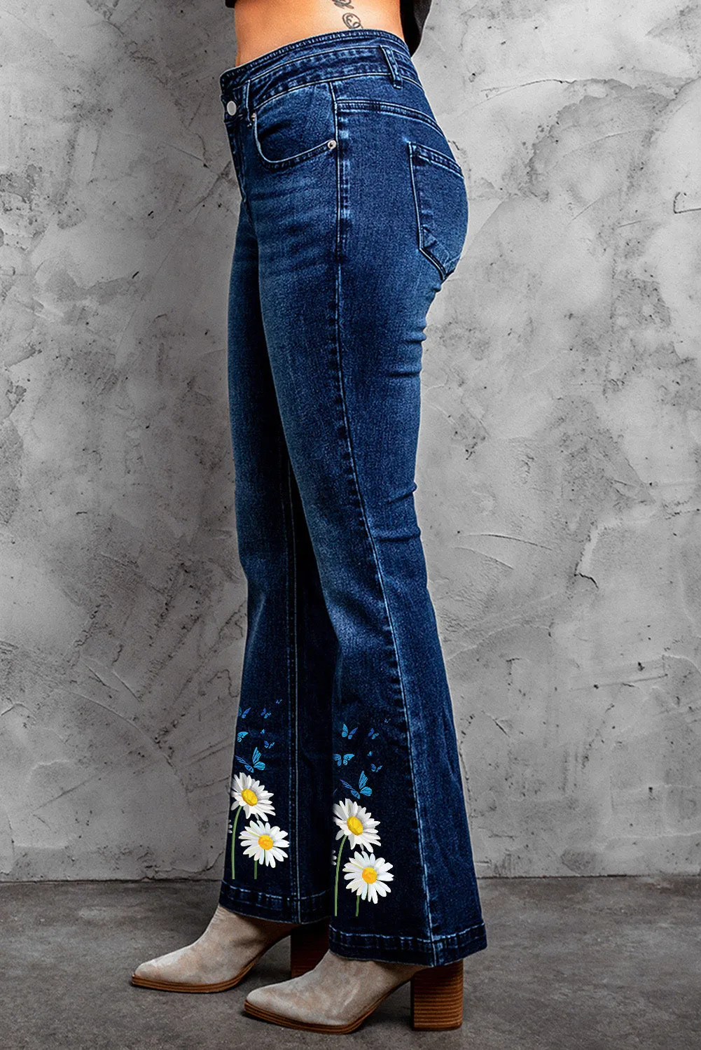 Daisy Print High Waist Flare Jeans