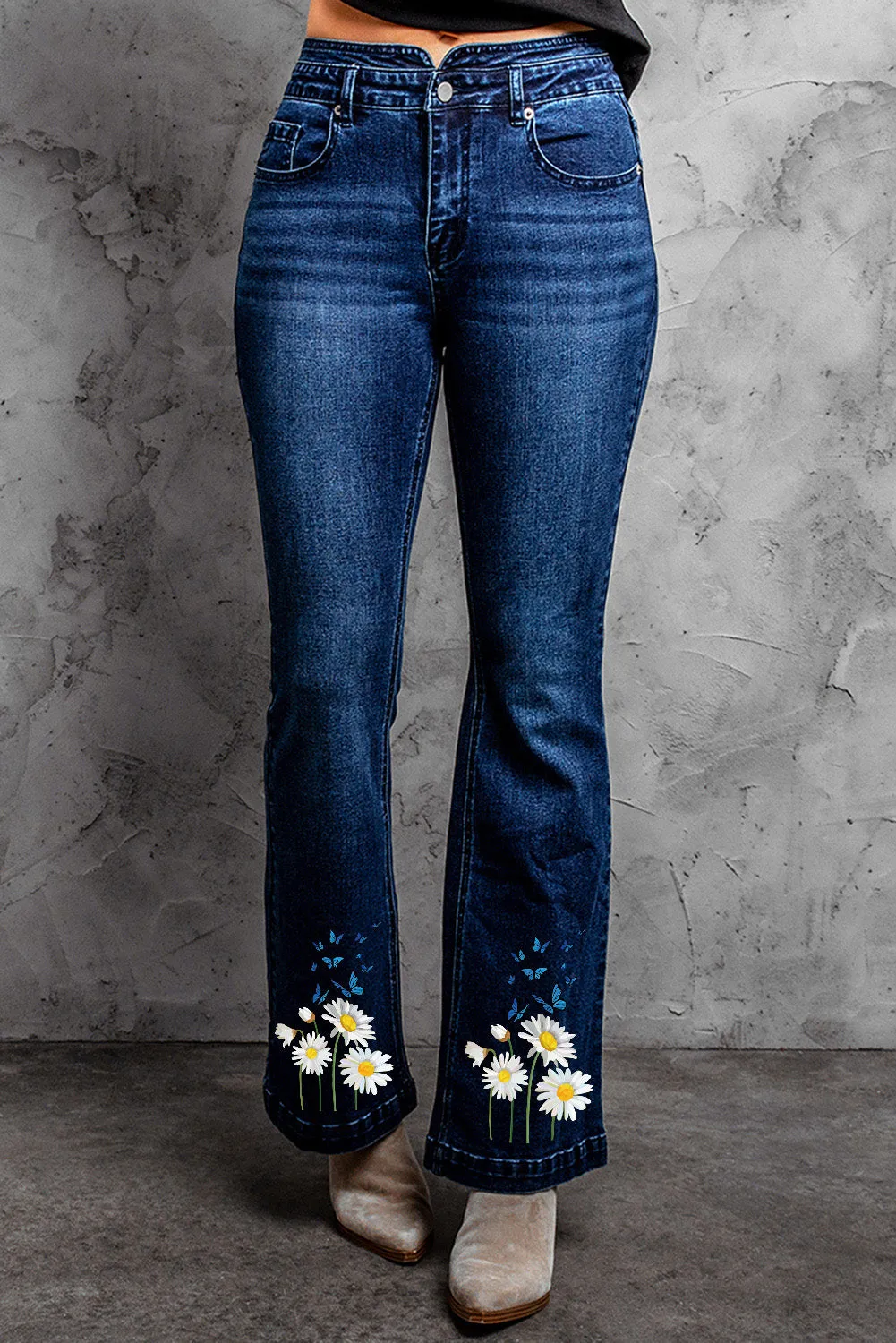 Daisy Print High Waist Flare Jeans