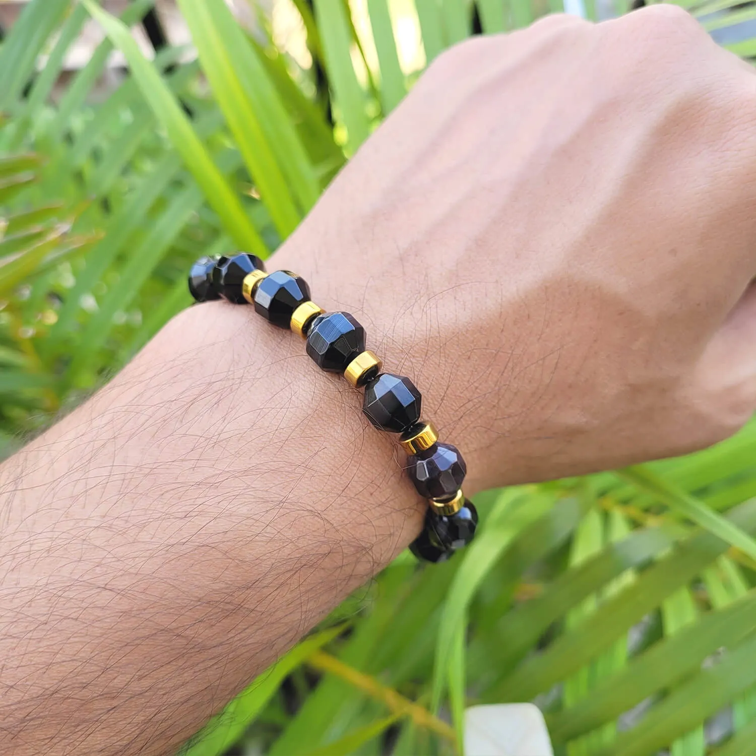 Diamond Cut Black Onyx With Golden Hematite Natural Stone Bracelet