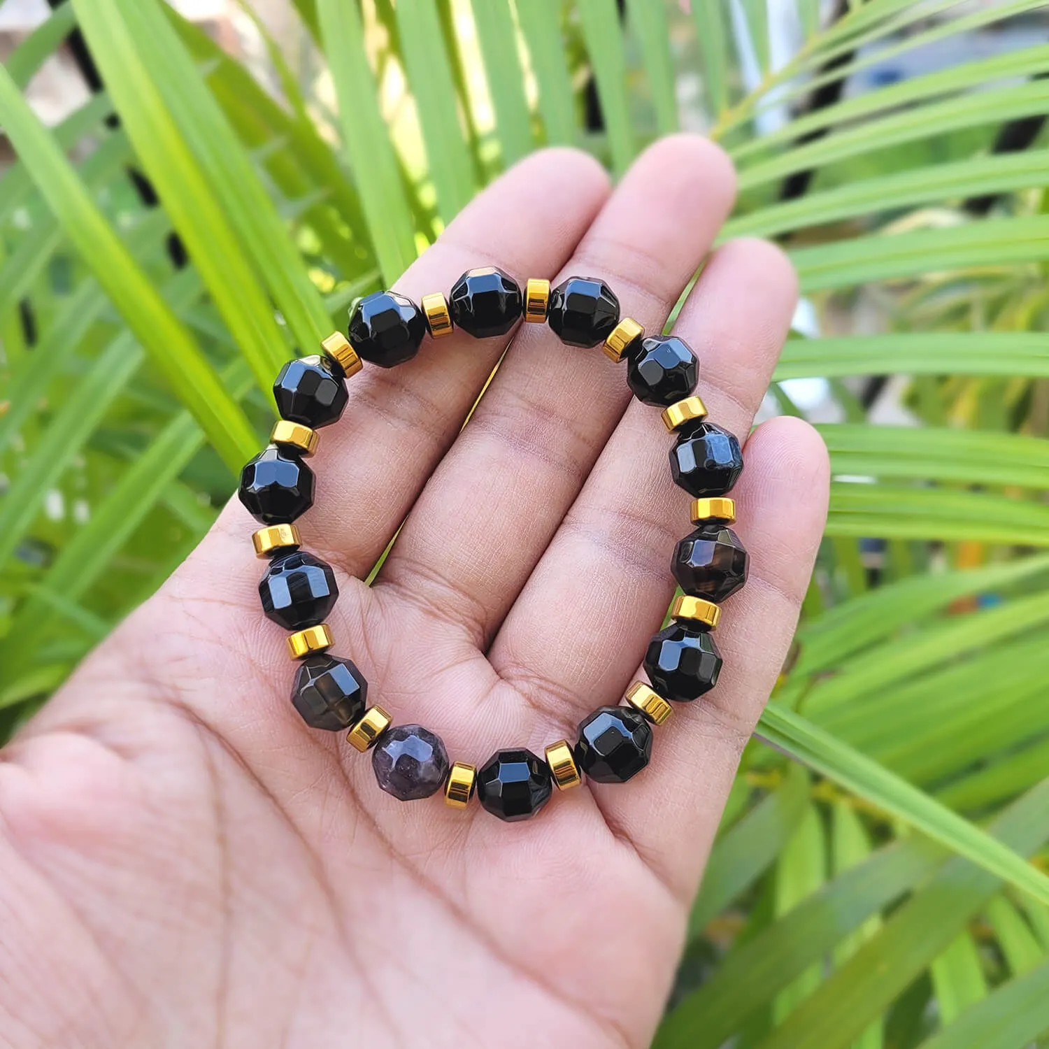 Diamond Cut Black Onyx With Golden Hematite Natural Stone Bracelet