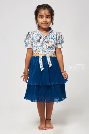 Double Layer Flared Blue Frock - Floral Tie Neck Design