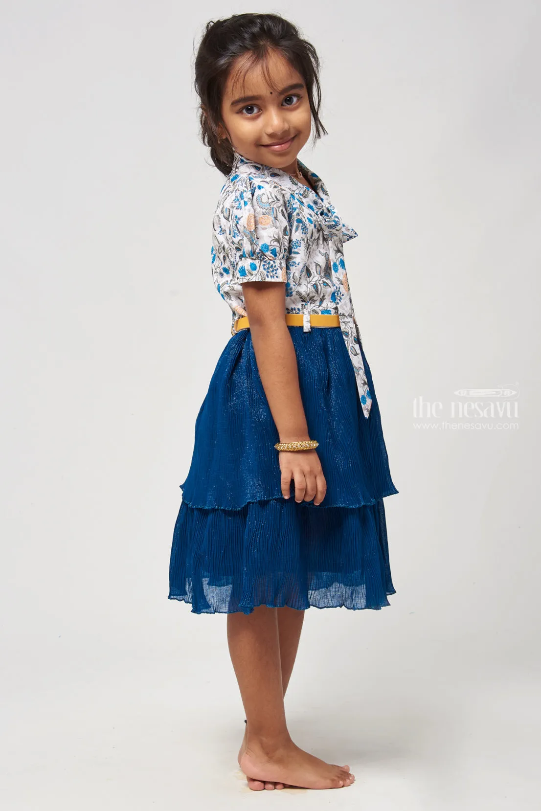 Double Layer Flared Blue Frock - Floral Tie Neck Design