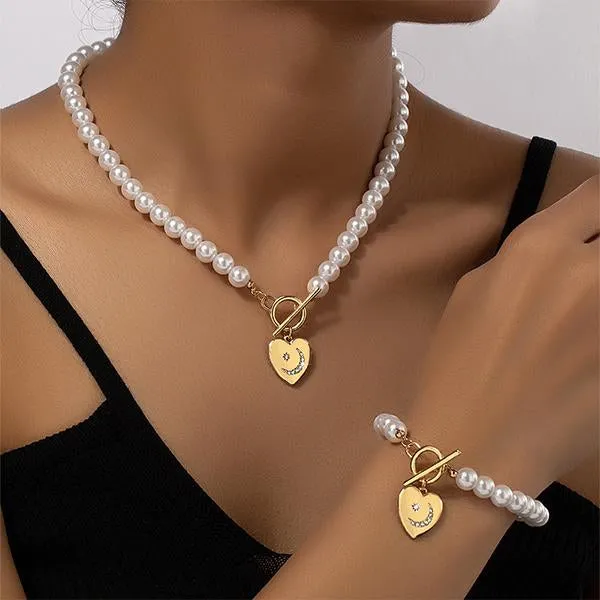 Elegant Imitation Pearl Heart Bracelet Necklace Set 11998780S